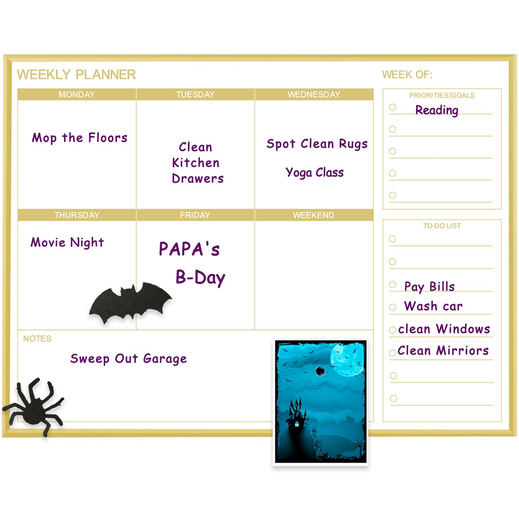 Dry Erase White Board Weekly Calendar Board, Magnetic Whiteboard for Wall, Gold Aluminum Frame Message Board, Horizontal, 17“x13“, Planner Board for