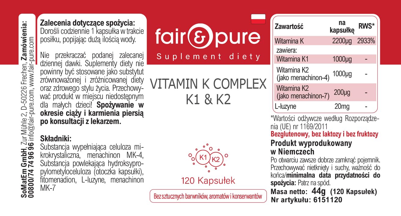 Fair & Pure® - Vitamine K Complexe K1 & K2 - avec 2200μg de Vitamines K par gélule - 120 gélules véganes