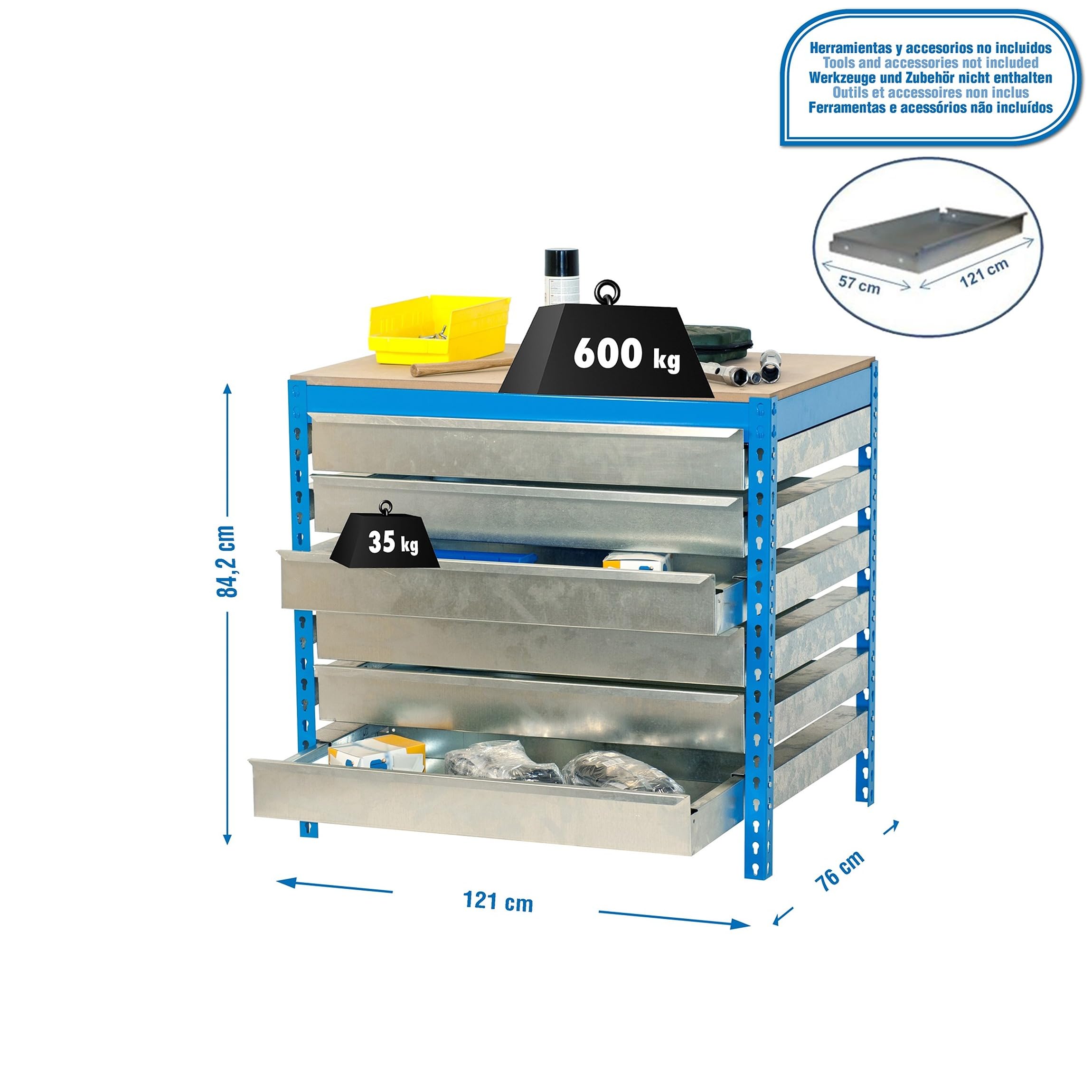Simon Rack Banco de Trabajo Taller con 6 cajones 1210x760 mm - BT5 | Tablero madera 16 mm, Capacidad Carga 600 kg, Azul , Pintura anticorrosión, Montaje sistema clic