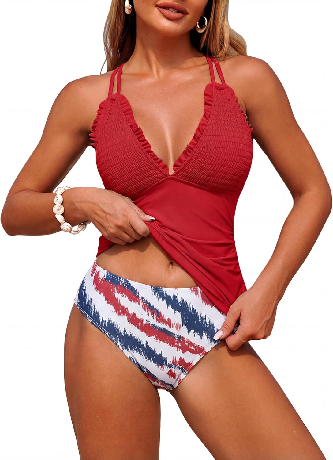 ZAFUL Womens Tankini Swimsuits Smocked 2 Piece Bathing Suits Modest Tie Back Swimwear