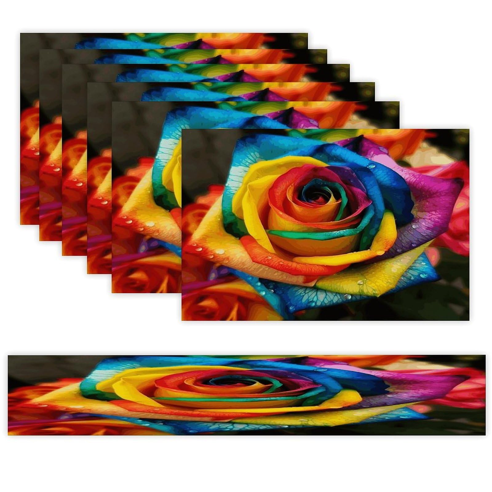 Rainbow Rose Table Runner and Placemats Set of 6 for Kitchen Washable Table Mats Heat Resistant Place Mats Non-Slip Place Mat Wipeable Placemat(6 Placemats+1 Table Runner)
