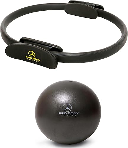 ProBody Pilates Anillo y mini pelota de ejercicio (2 piezas) Paquete de círculo mágico negro y bola de barra para estabilidad, barras, yoga,
