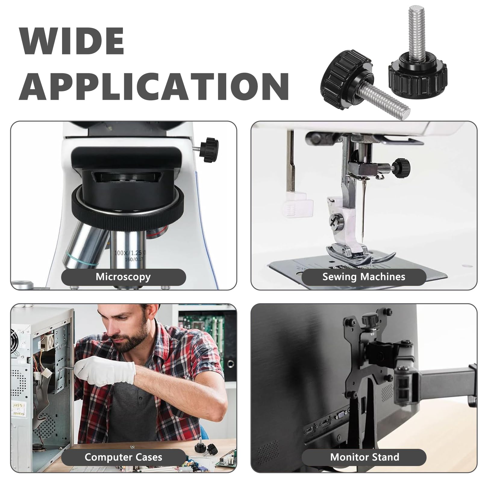 12 Pezzi Viti a Testa Zigrinata M4 x 10mm, Bulloni a Mano in Acciaio al Carbonio Nero per Monitor e Attrezzature Elettroniche, Manopole di Serraggio per Installazione Fai da Te