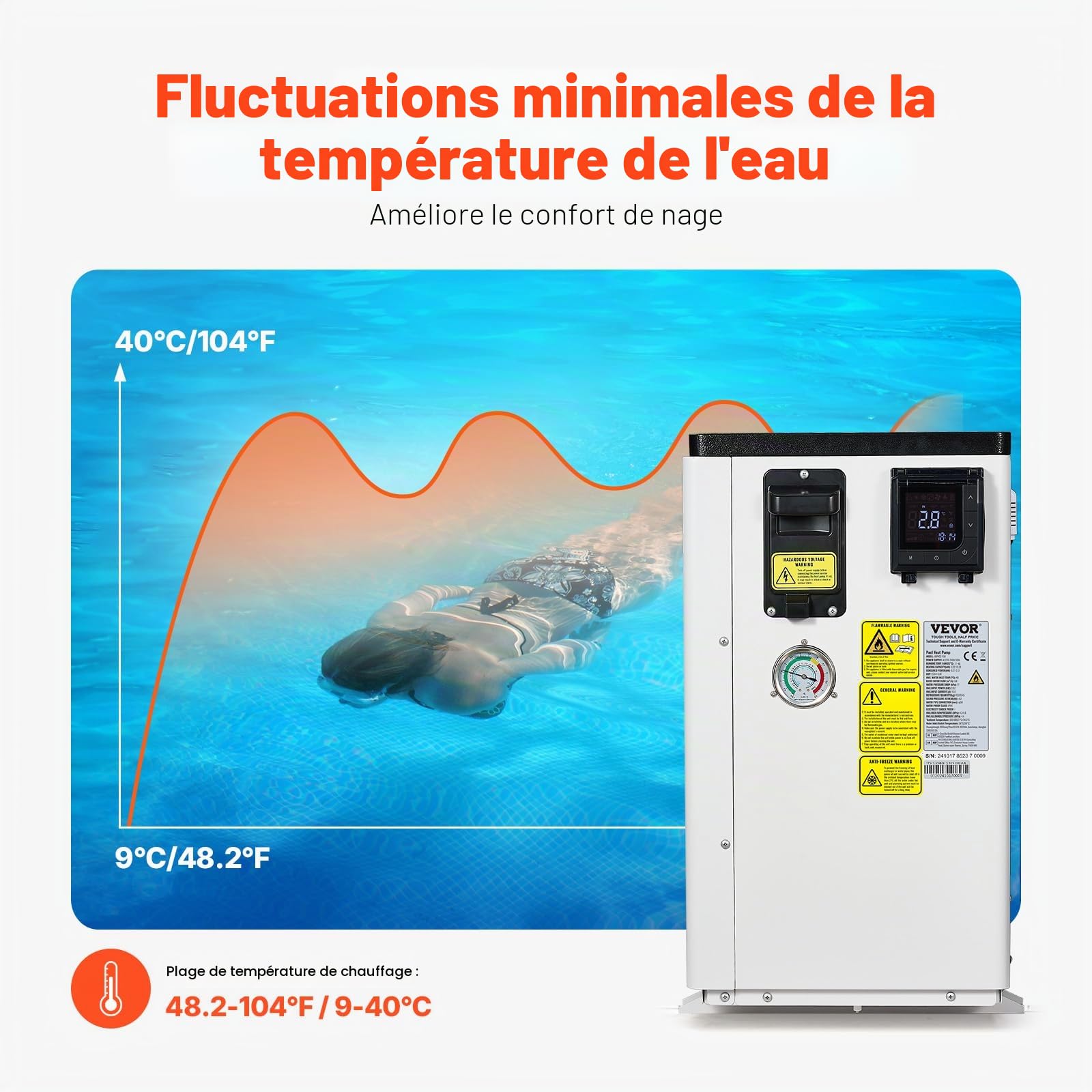 VEVOR Pompe à Chaleur électrique pour Piscine, capacité de Chauffage 3,22-15,25 KW, Chauffage de Piscine à fréquence Variable à économie d'énergie pour piscines Hors Sol 30 à 60 m³, AC220-240 V 50 Hz