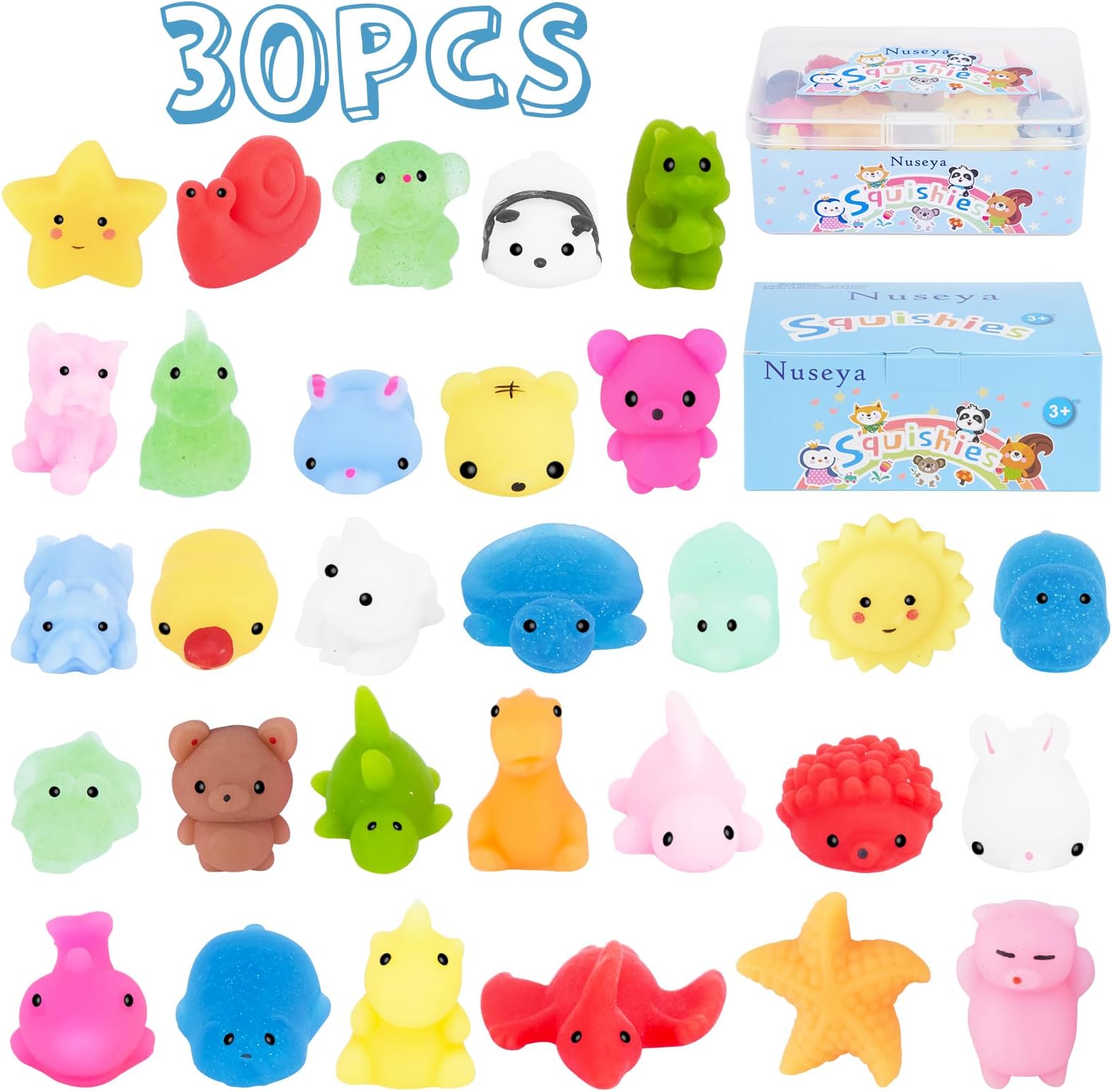 30pcs Mochi Squishy Toys No Duplicates Fidget Toys Gift for Kids Girl Boy Party Favor Kawaii Squishies Mini Sensory Stress Relief Toys Birthday Gift Classroom Prizes Goodie Bag Stuffers