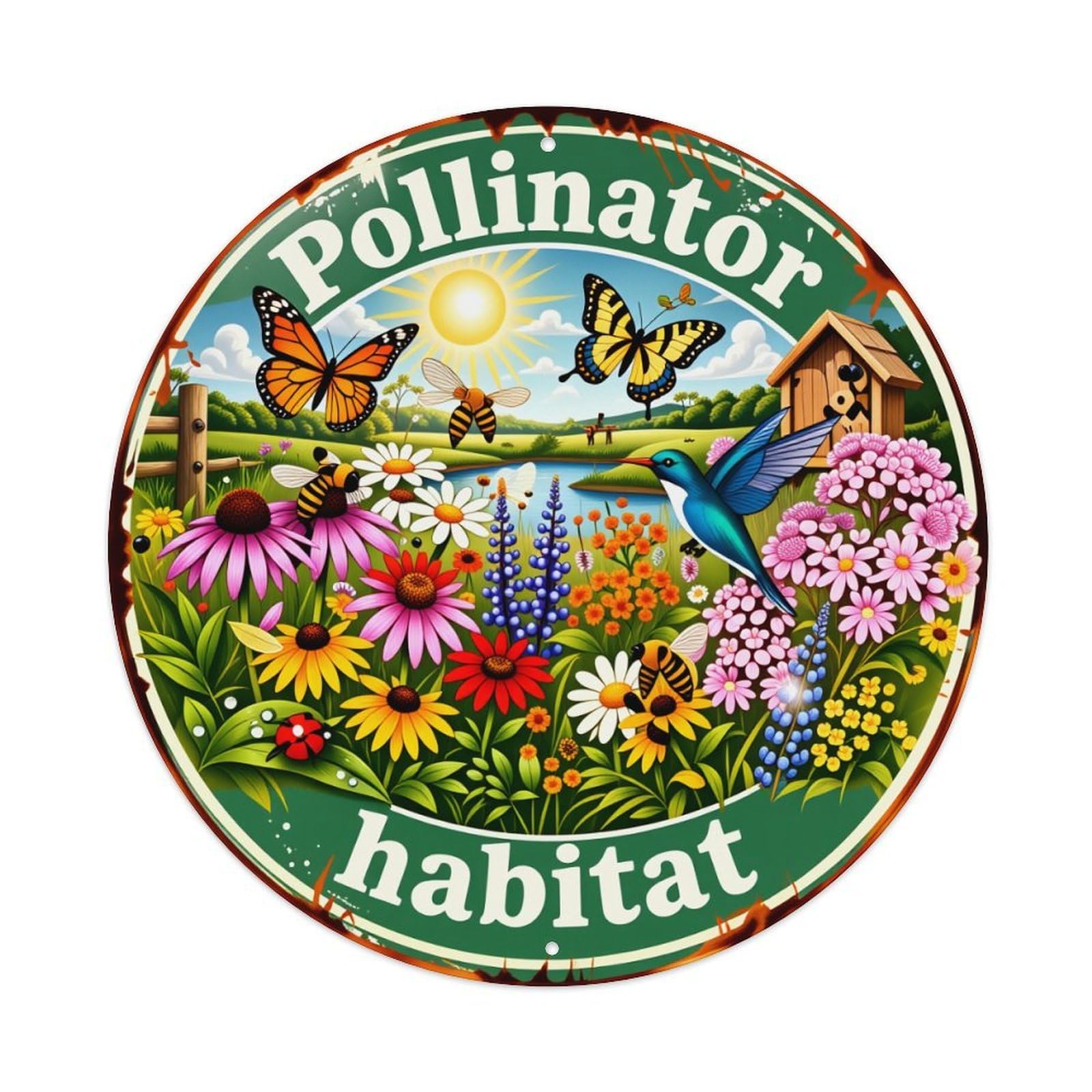 Pollinator Habitat Garden Scene Art Metal Tin Sign Vintage Garden Bedroom Cafe Bar Man Cave Home Wall Decor Metal Poster 8x8 inches