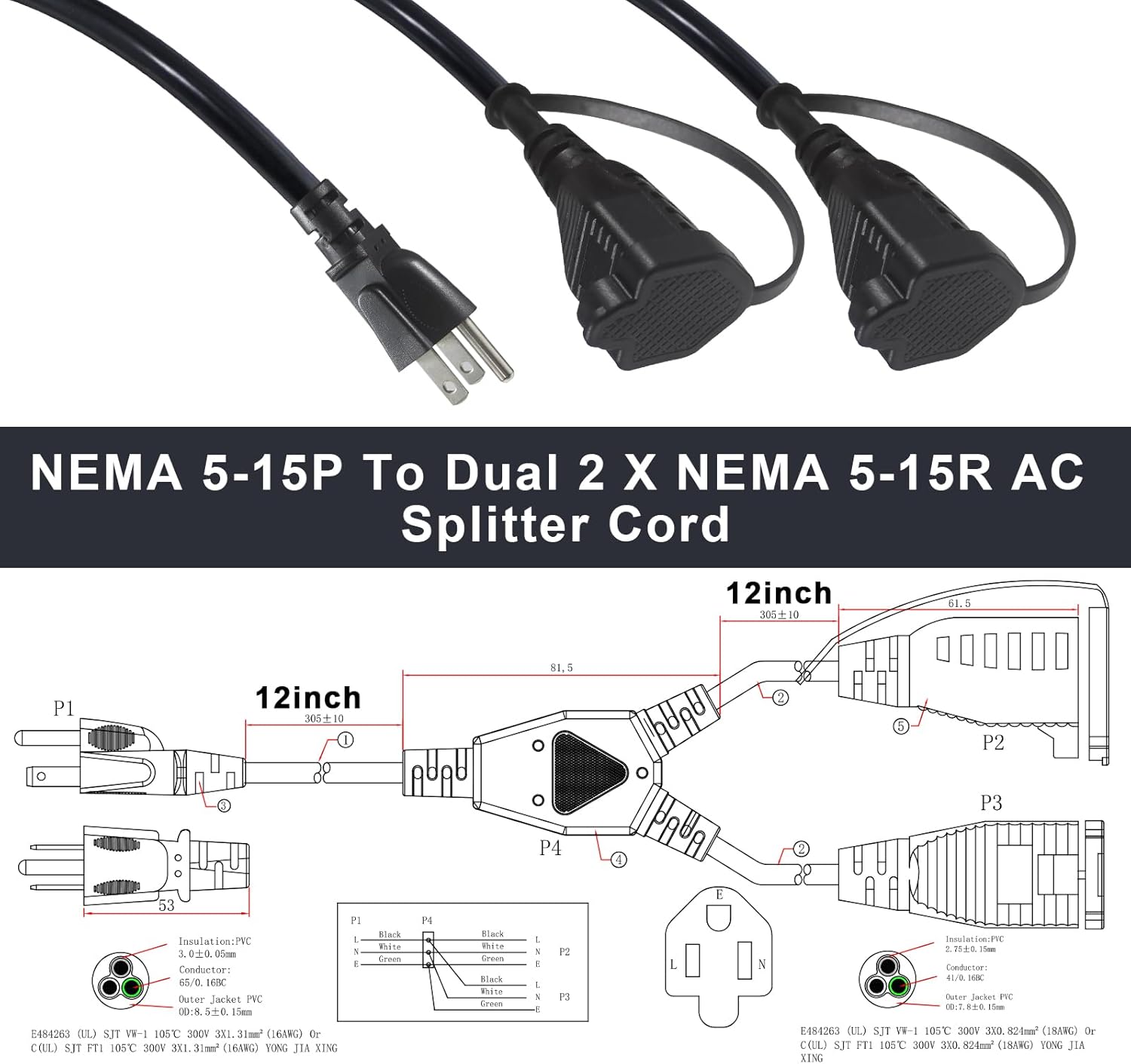 Power Cord Extension Splitter, 1 to 2 Outlet Y Splitter Cable, 2.5FT 2 Ways NEMA 5-15P to 2 X NEMA 5-15R AC Power Cord, Heavy Duty Male to Dual Female 3 Prong Supply Cable, 13A 125V