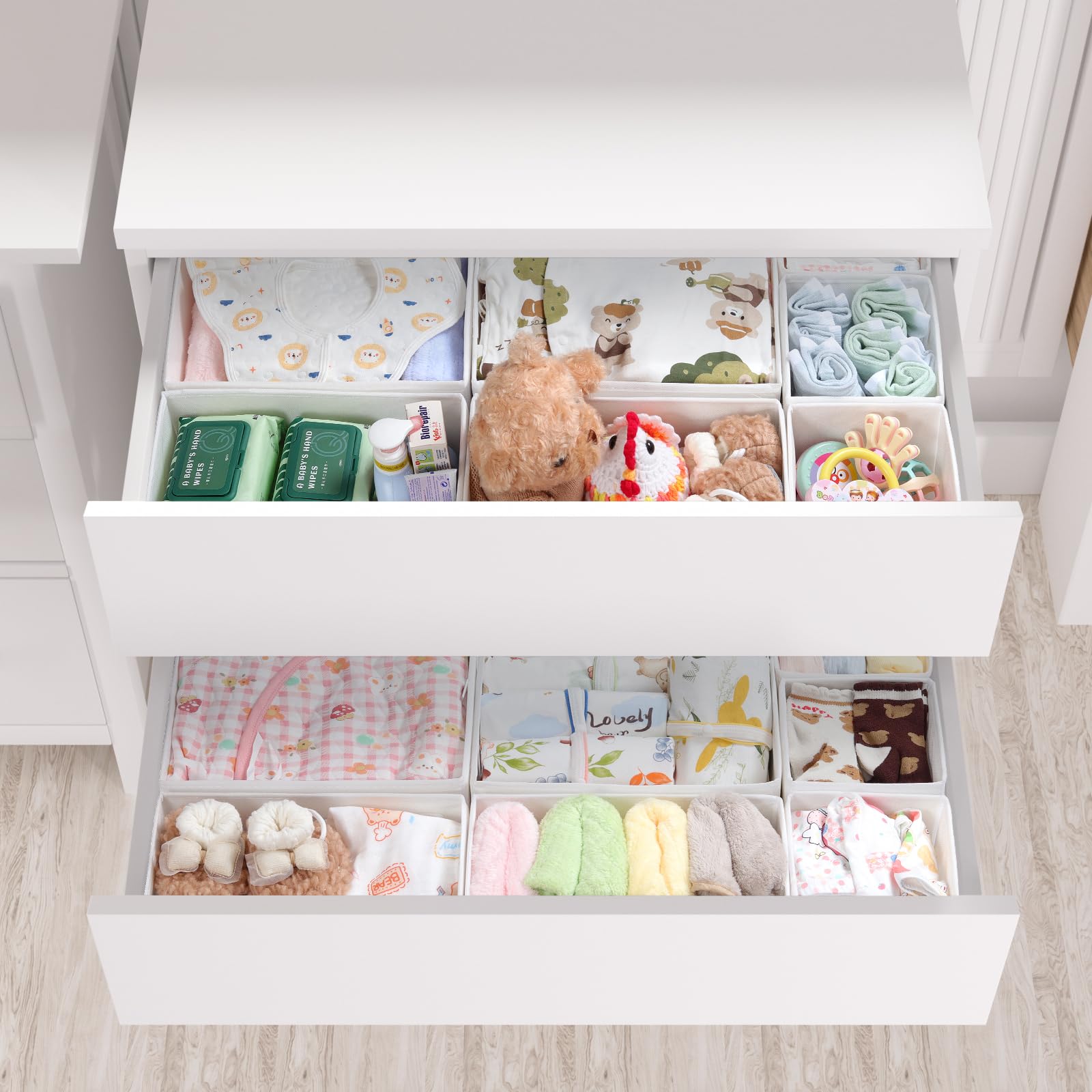Organizador Cajón 14 piezas - Compatible con Cajonera Malm, Cajas de Almacenamiento Plegables de Tela, Separadores para Prenda, Ropa Interior, Calcetines y Bebé - Blanco