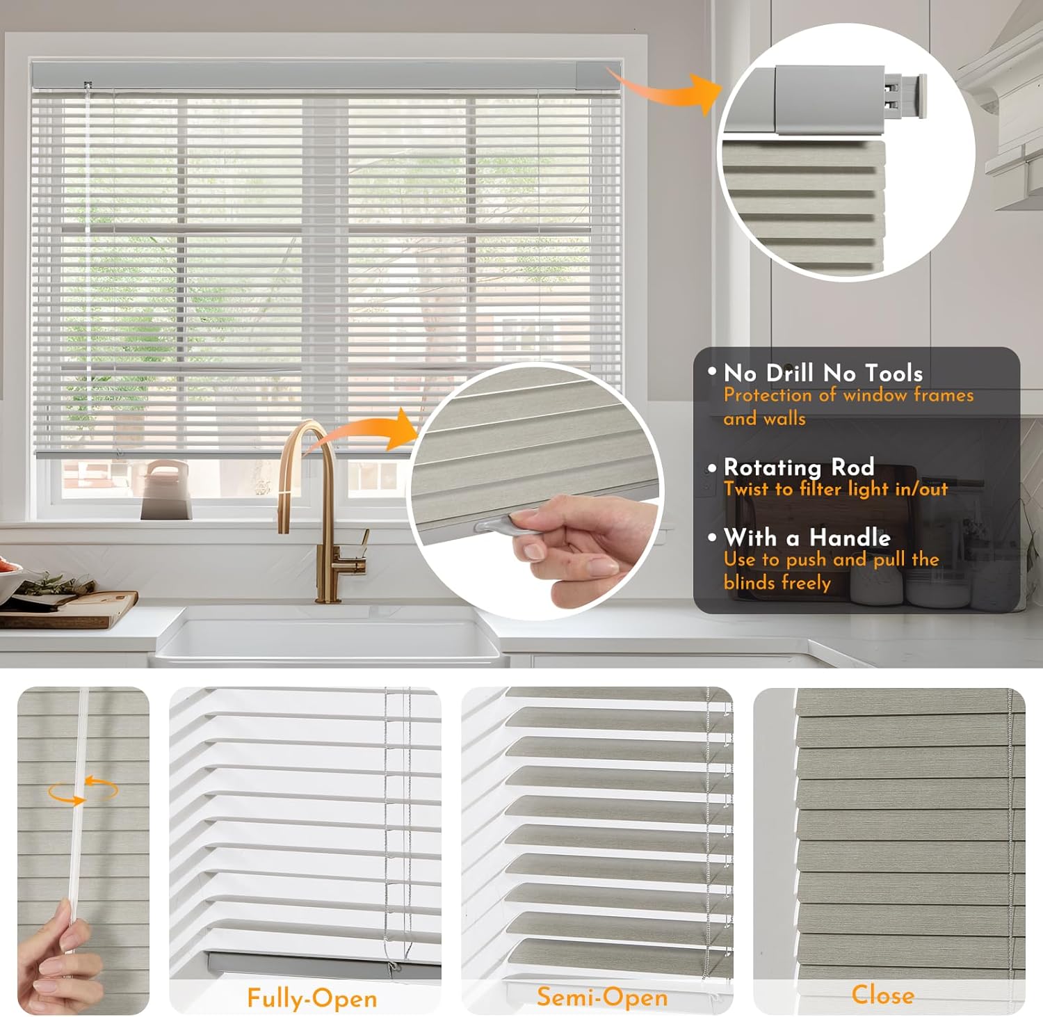 Persilux No Drill No Tools Cordless Mini Blinds 1" Aluminium Mini Blinds, Window Shades No Screws Venetian Horizontal Blackout Blinds for Windows, Living Room/Bedroom/Kitchen, Grey, 55.5" W x 48" H