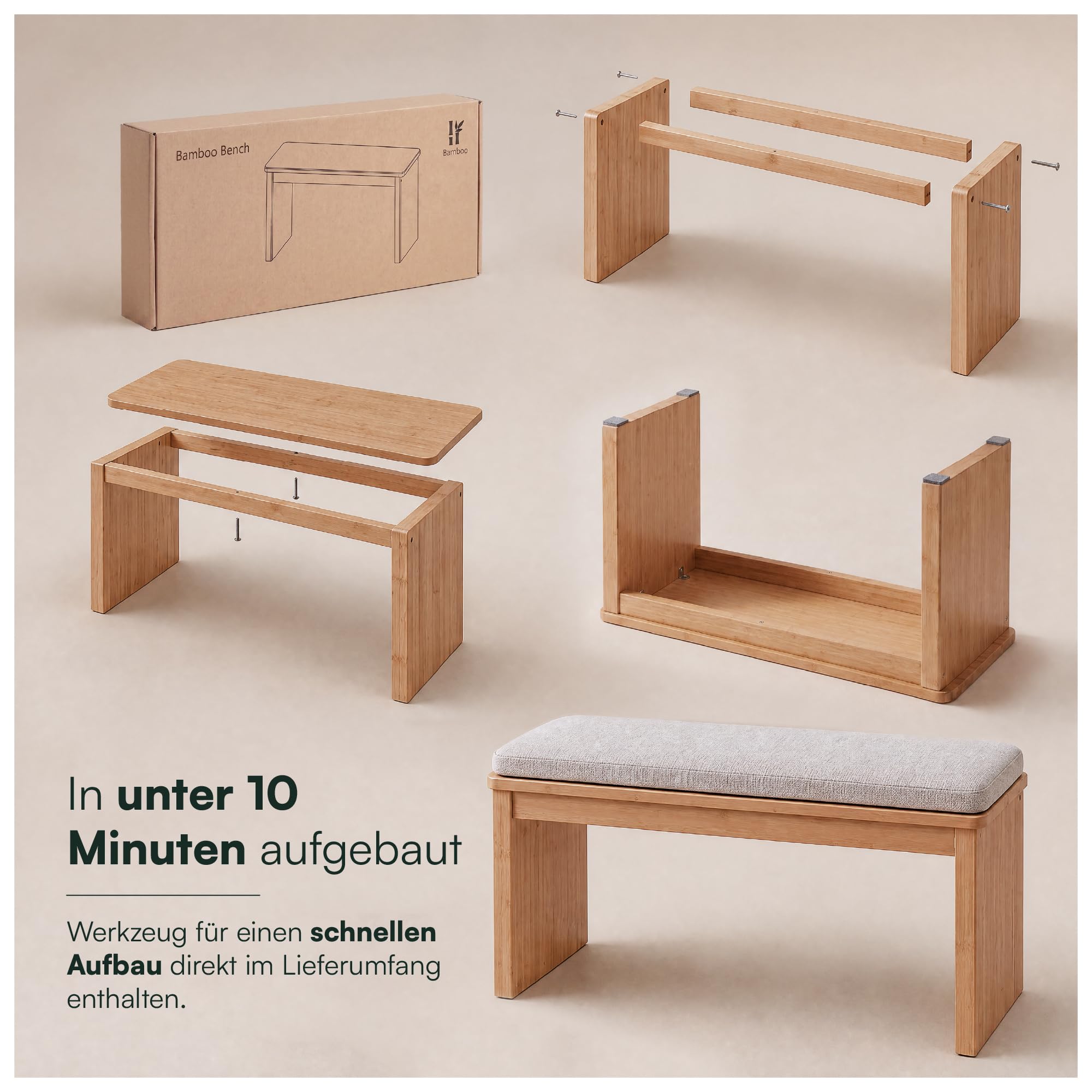 Bambus Sitzbank Flur - Flur Möbel - Bettbank - Polsterbank aus Bambus | BAM BOO BOX Sitzbank Holz Bambus 90x33x43 cm - Bank Flur, Bettbank, Polsterbank, Flurbank fürs Schlafzimmer & Wohnzimmer
