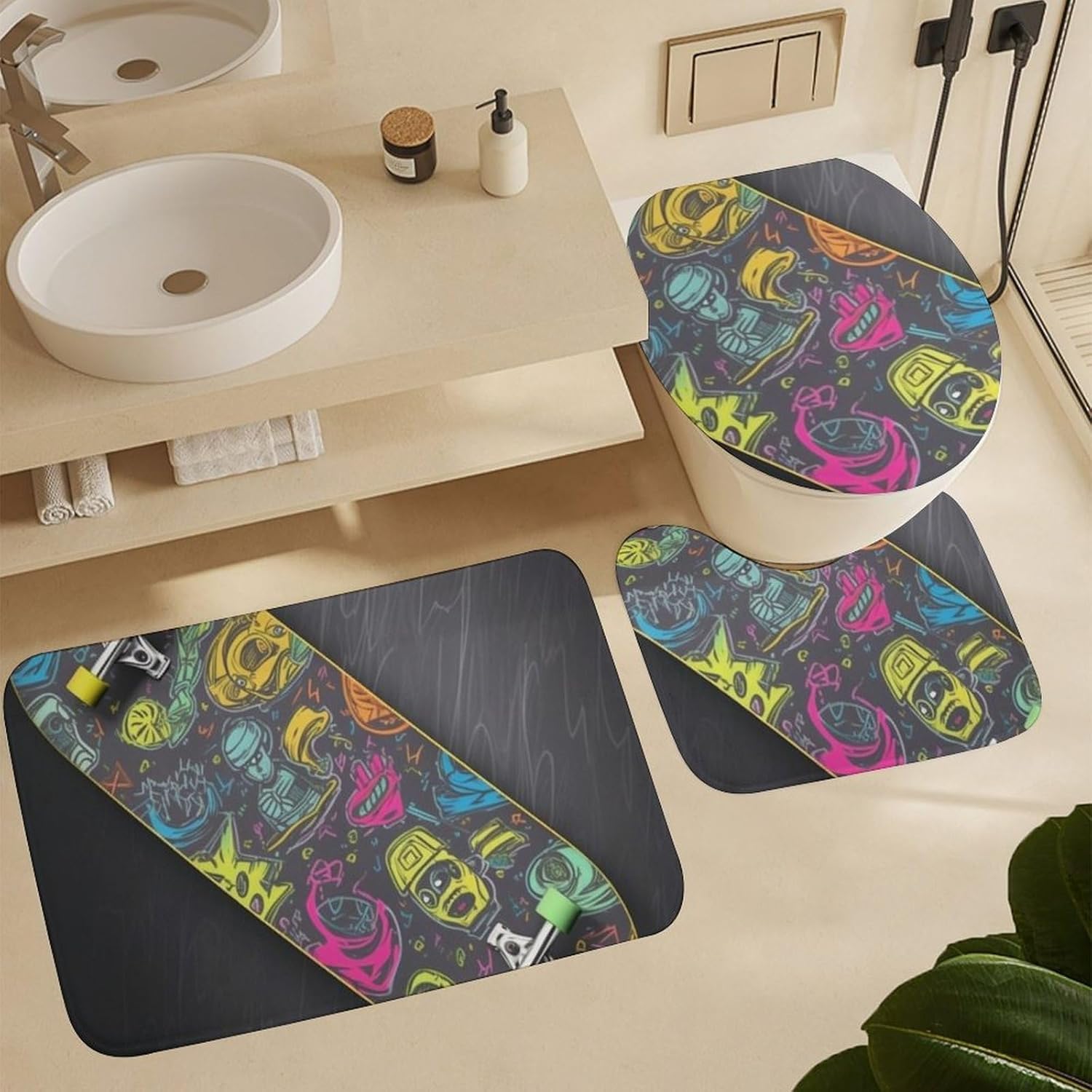 Anti-Skid Floor Mats 3 Piece Set,Graffiti Skateboard Printed Coral Fleece Bathroom Mats U-Shaped Contour Mat Toilet Seat Cover for Bathroom, Tub, Shower, Kitchen 19.7"x31.5"
