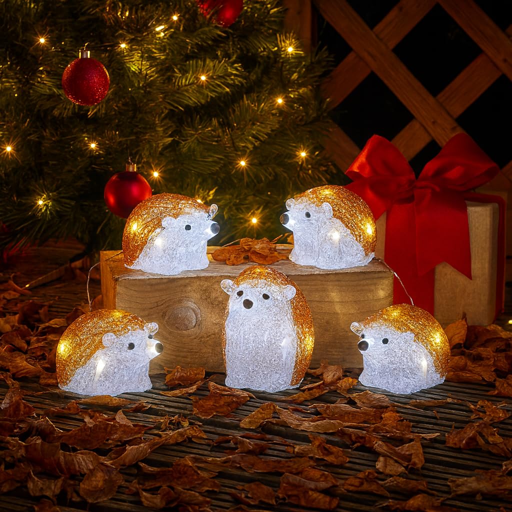Marco Paul Indoor & outdoor christmas lights - Set of 5 Weatherproof and Durable Acrylic LED light up hedgehog Christmas outdoor decorations, Garden Decorations Large Christmas figures string lights