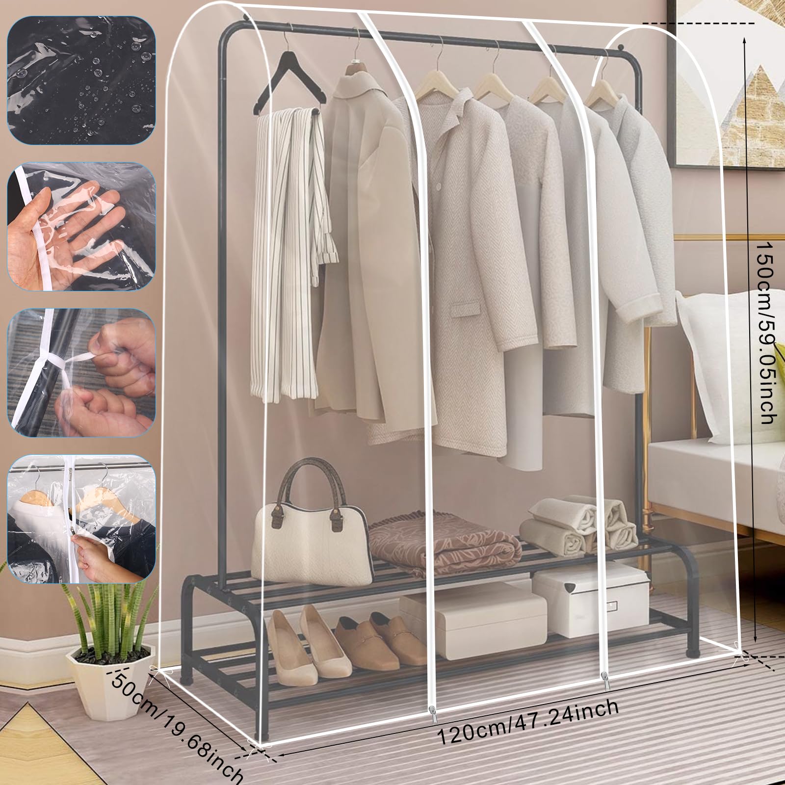 Kleiderständer Abdeckung 120x50x150cm Transparent Schutzhülle für Kleiderständer Wasserdicht Staubdicht Feuchtigkeitsfest Kleidersäcke Transparent mit Reißverschluss (120x50x150cm)