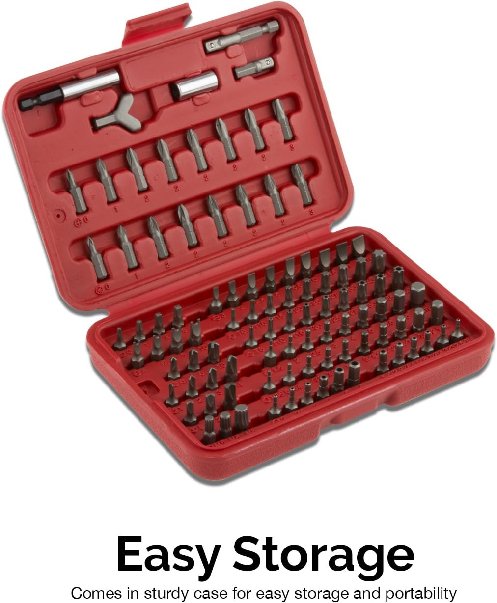 NEIKO 10048A Security Bit Set |100-Piece Set | Cr-V Steel | 1/4-inch Adapters | Phillips | Slotted | Hex | Torx Star | Tamperproof | Pozi | Square | Spanner | Torque | Tri-Wing | Clutch | Spline | Wing Nut - Mechanics Tool Sets - 