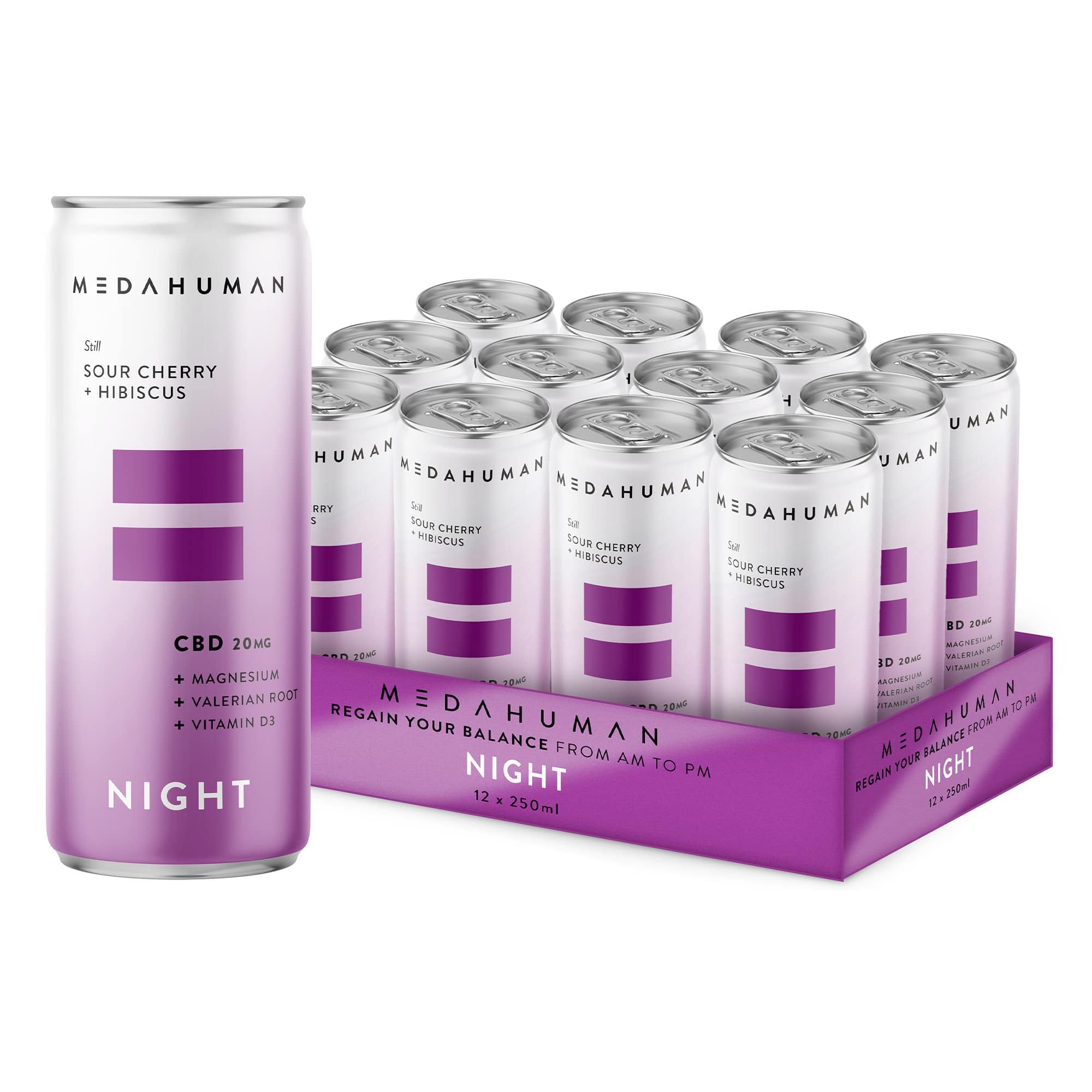 MEDAHUMAN CBD Still Drink (20mg), Night, Sour Cherry & Hibiscus, with Valerian Root, Vitamin D3 & Magnesium,Adaptogens & CBD Sleep Aid & Anxiety Relief Drink (Pack of 12 x 250ml),Packaging May Vary