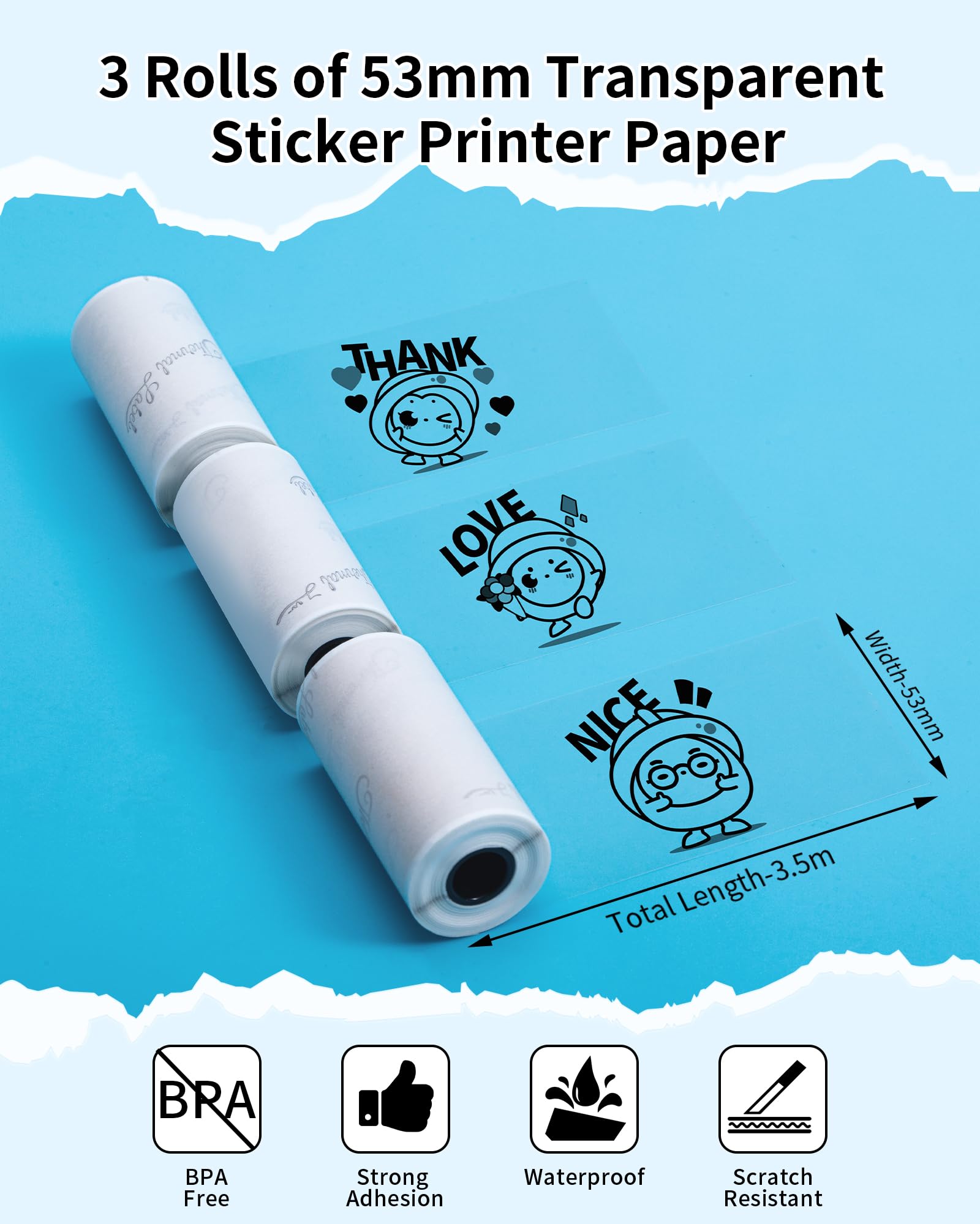 Papier Transparent pour M02/M02PRO Imprimante, 53mm x 3.5m, 3 Rouleaux | Phomemo Thermique Papier Transparent pour M02/M02PRO/T02/M02S/M02X/M02L/M04S/M04AS Mini Imprimante Portable Thermique