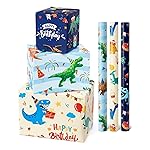 WERNNSAI Dinosaur Wrapping Paper Rolls - 3 Rolls 17 x 120 Happy Birthday Wrapping Paper Kids Wrapping Paper Rolls Boy Dinosaur Gift Wrap Paper Dinosaur Party Favor Happy Bday Wrap with Cutting Line on Back