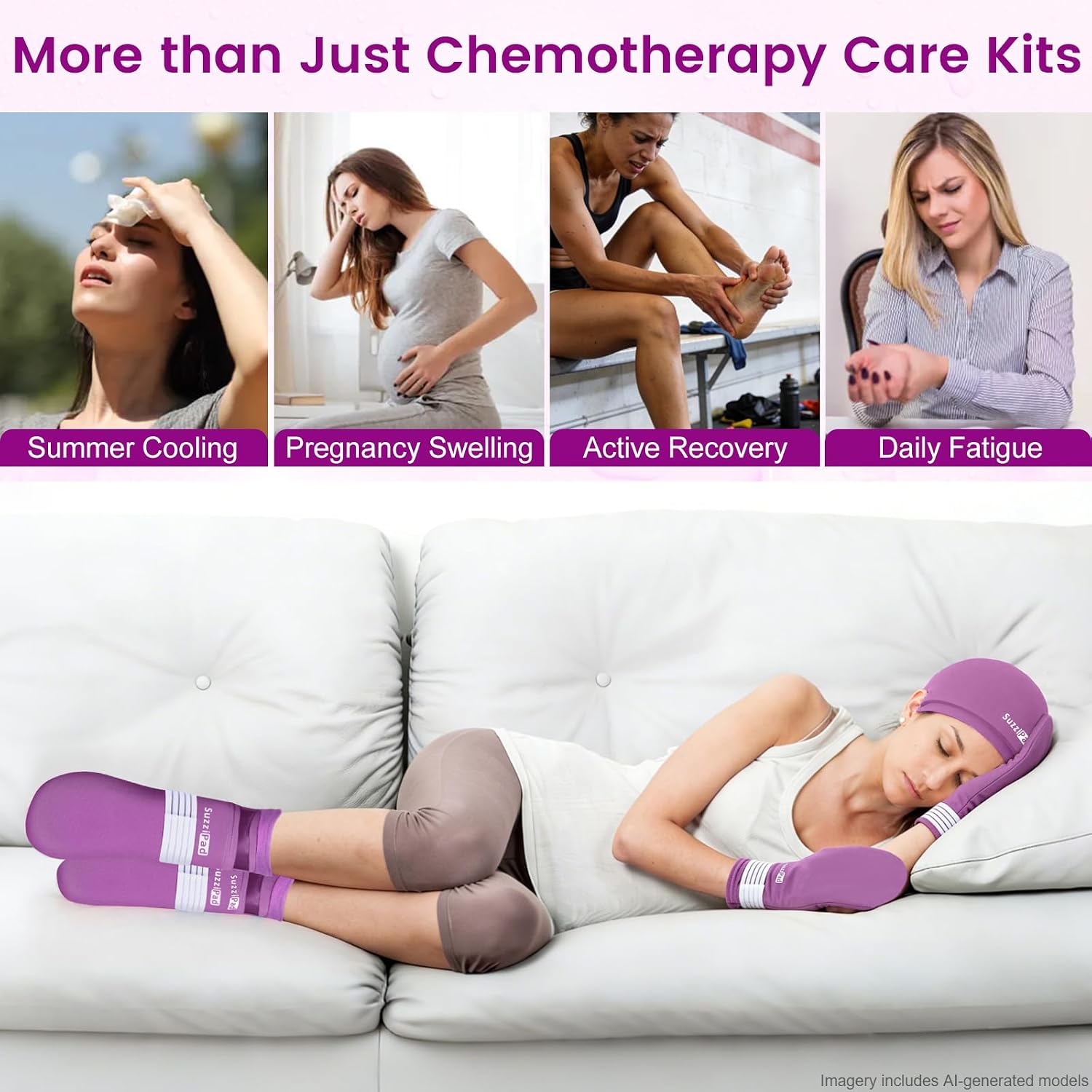 SuzziPad Chemo Gloves and Socks for Chemotherapy Patients, Deep Purple, S/M | Soothes Scalp, Hands & Feet, Numbness, Burning, Swelling Comfort, Reusable Cold Therapy for Chemo Side Effect