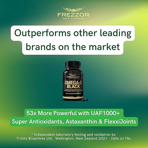 Miniatura 6 de FREZZOR Omega 3 Black - Cápsulas de aceite de mejillón con labios verdes, fabricadas en Nueva Zelanda, UAF1000+, sin regusto a pescado, 120 unidades
