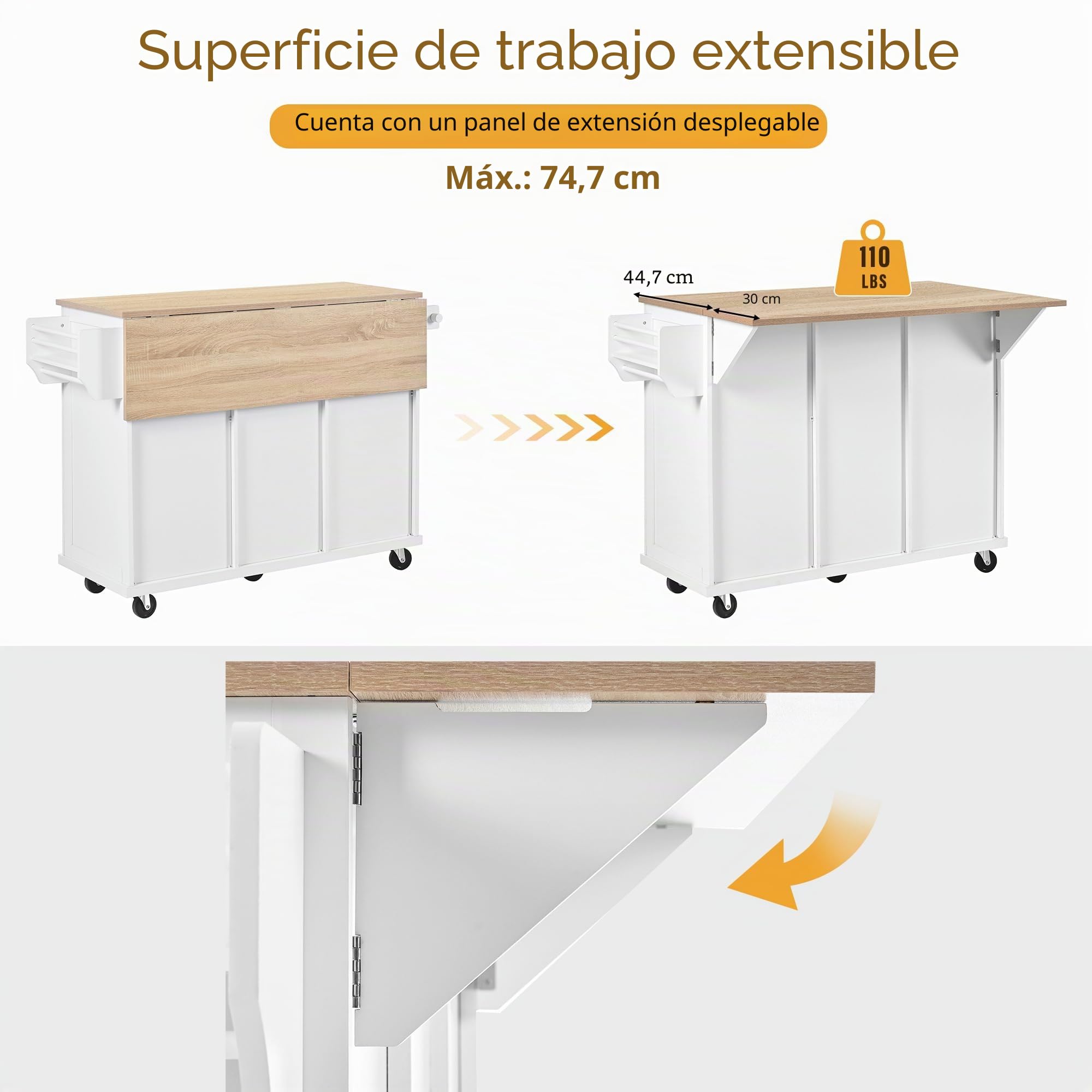 Carro de cocina con ruedas, isla de cocina, zona de comedor extensible, con espacio para cubo de basura y cajones, estante lateral para especias y toallero, color blanco