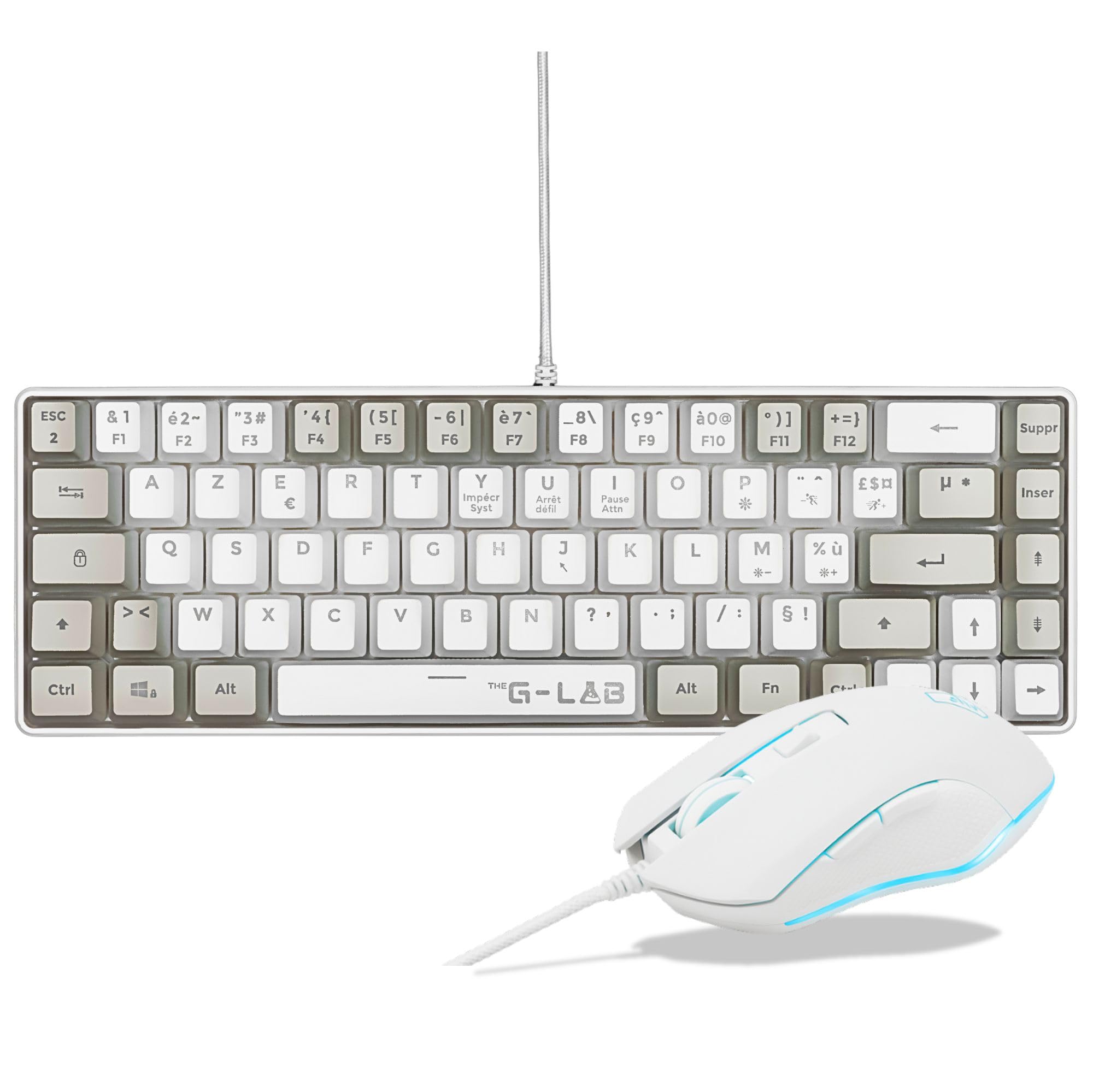 The G-Lab - Hydrogen Combo - Gaming Mouse Keyboard Pack, 60% Wired Gamer Keyboard, RGB Backlight, Azerty FR, Compact Format + RGB Gaming Mouse, 6 Buttons, 6200 DPI - PC/PS4/PS5 - White/Grey