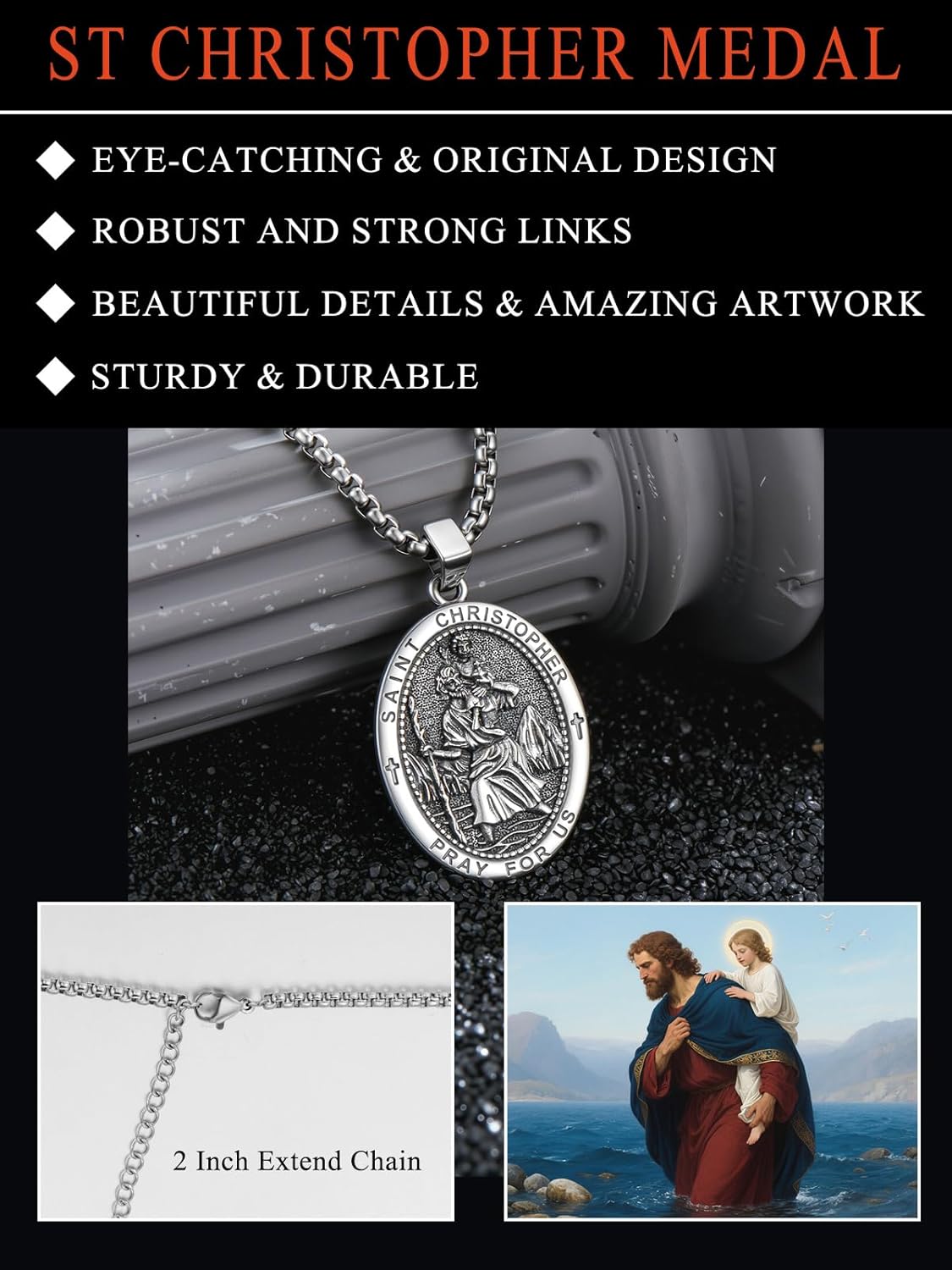 Seiyang Saint Necklace 925 Sterling Silver Patron Amulet Medal Jewelry for Men Women (with Gift Box)