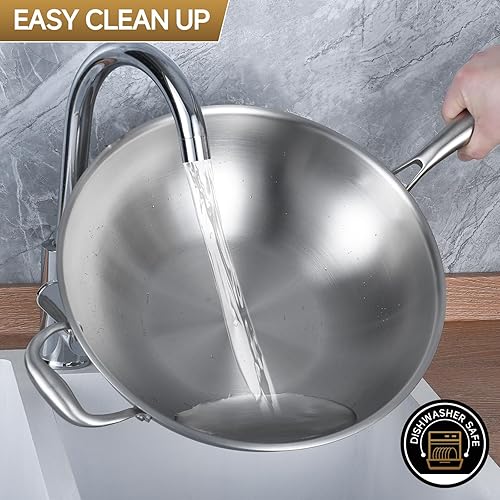 Miniatura 5 de LOLYKITCH Sartén wok de acero inoxidable de tres capas de 14.5 pulgadas, sartén para freír, sartén de cocina de chef de inducción, apta para