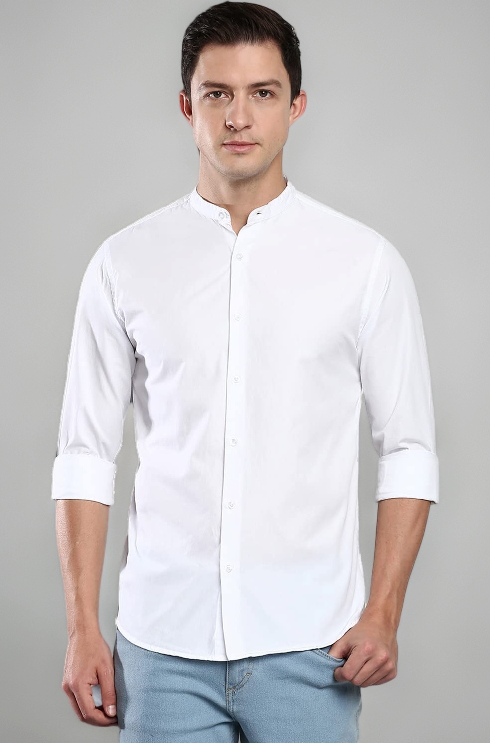 Dennis Lingo Men's Solid Casual Full Sleeves Slim fit White Cotton Shirt-C201_1_M
