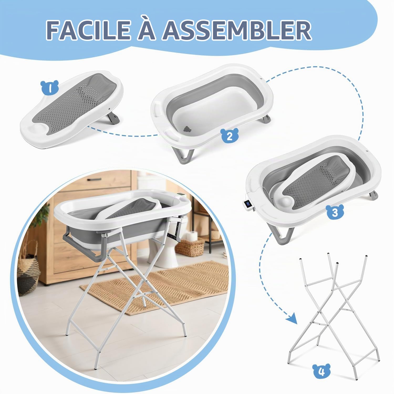 Baignoire pour bébé, pliable, avec structure et thermique, grise, avec siège de bain et thermomètre amovible, peu encombrante, pliable, pour nouveau-né à 3 ans