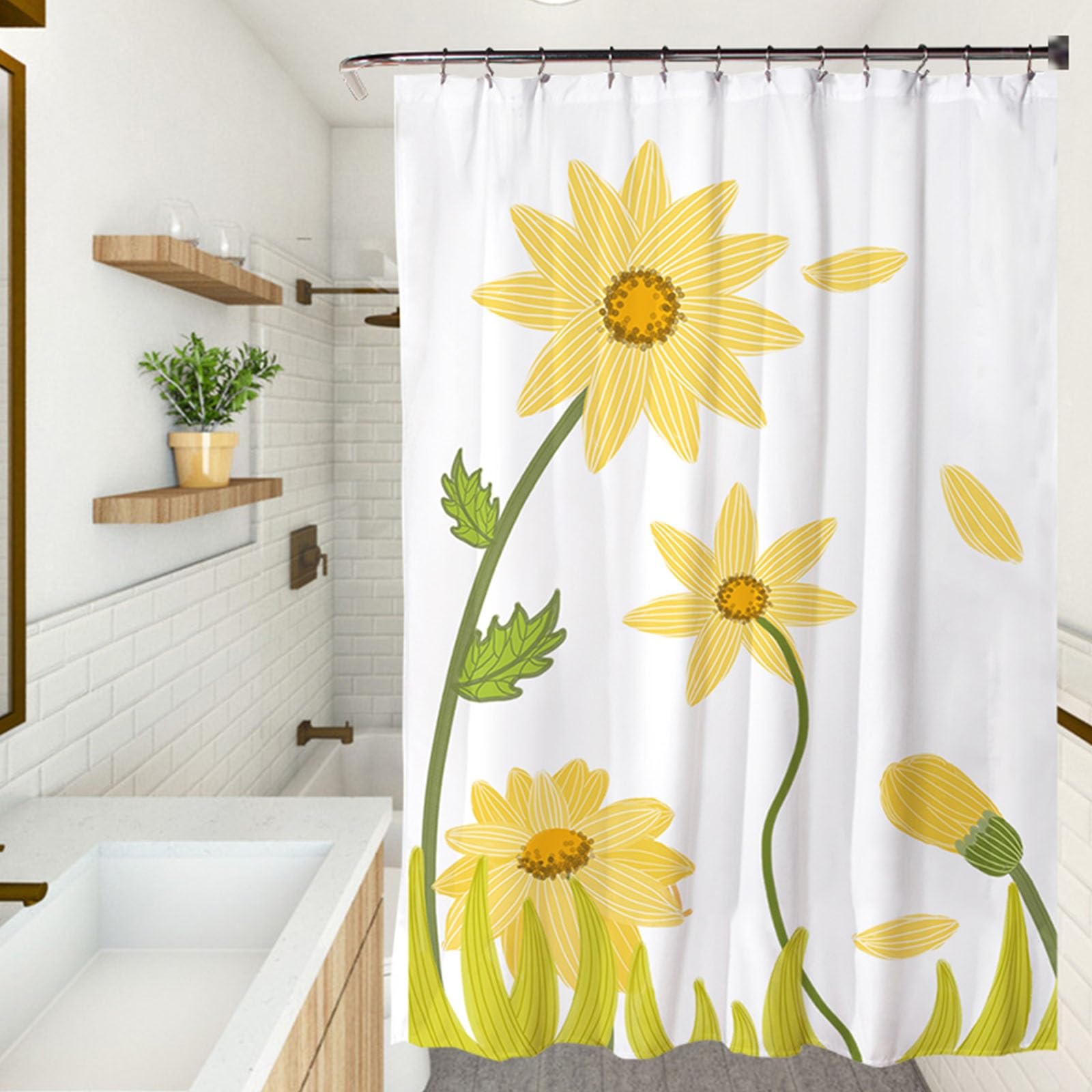 Tenda da Doccia Pieghevole 100 x 180 cm Tenda Doccia Foglie Verdi Tenda Vasca da Bagno con Pesi, Personalizzabile,Impermeabile, Lavabile, con Ganci, Fiore Giallo