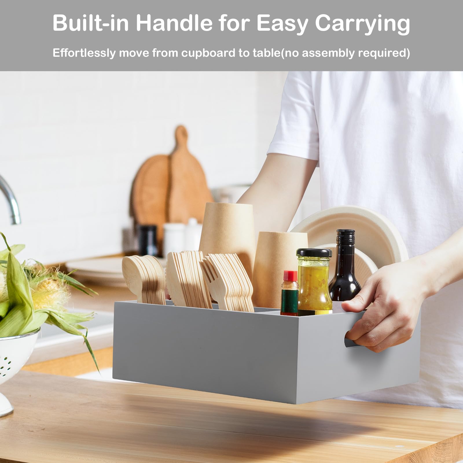 Soporte para utensilios de madera gris para fiestas, organizador de platos de papel para encimera, organizador de cubiertos con 6 compartimentos para platos, tazas, tenedores, cucharas