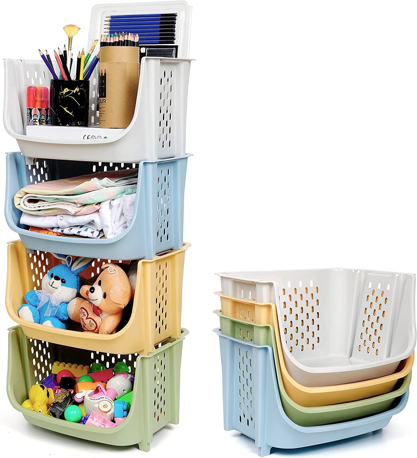 ALCY Stackable Storage Baskets, Multi-Purpose Organizer Bins, Set of 4, Pastel Colours