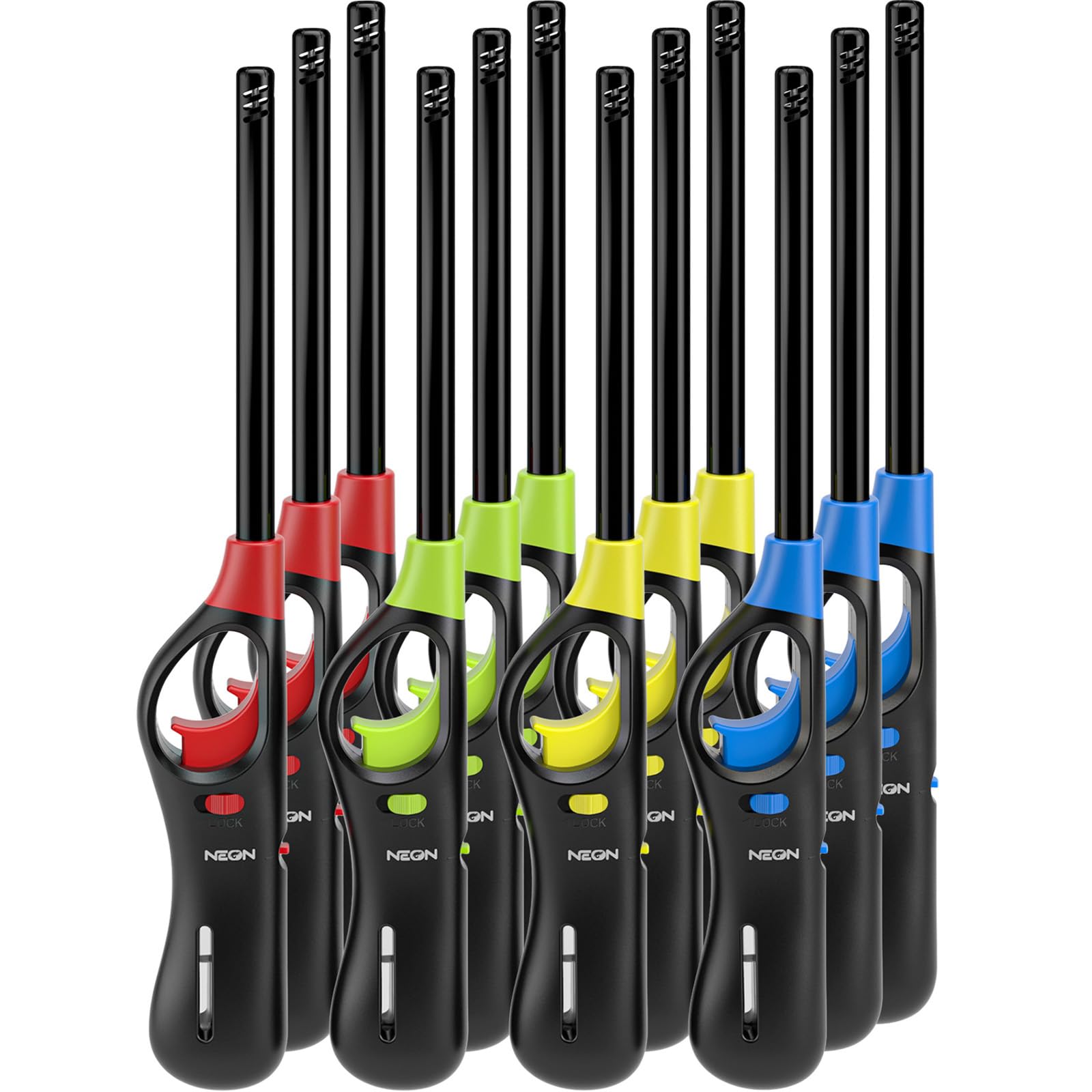 NEON Lighter Refillable Butane Candle Lighter 12 Pack Multi-Purpose Reusable Lighters with Long Metal Wand and Adjustable Soft