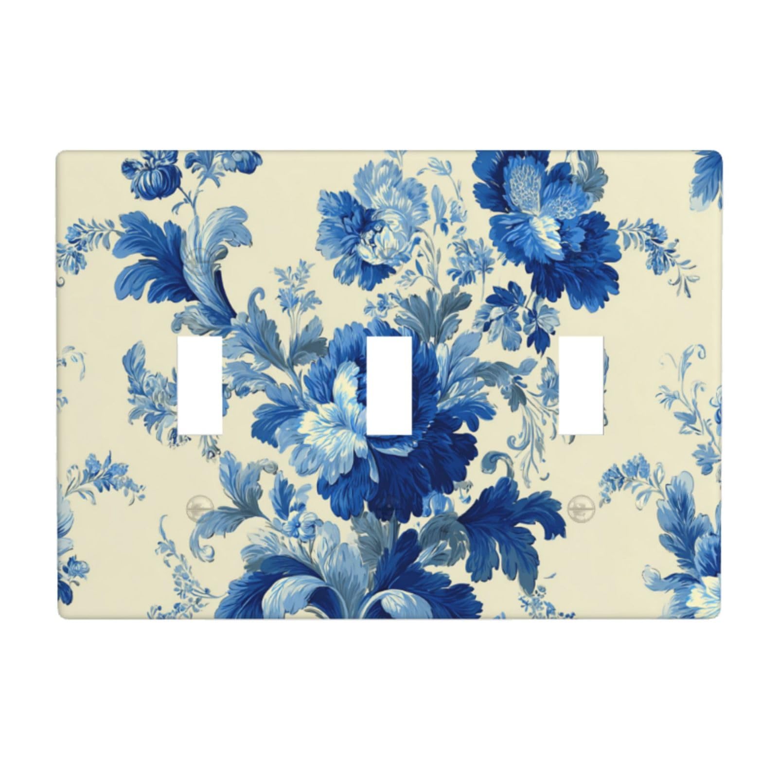 Blue Porcelain Botanical Flowers Light Switch Covers 3 Gang Triple Toggle Wall Plate Switchplate Electrical Faceplate for Bathroom Kitchen Bedroom Decor