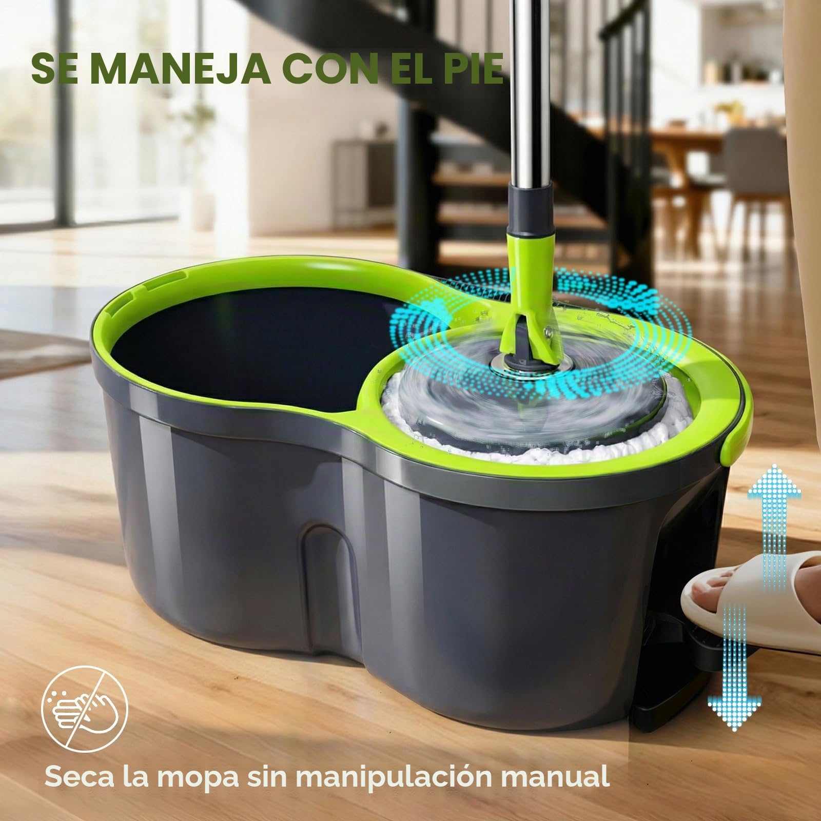 Masthome Juego de Fregona y Cubo,Sistema de Cubo de Fregona Giratoria,con 3 Almohadillas de fregona,2 en 1 Fregonas y Cubos Escurrefacil con Pedal,Adecuado para el hogar o la Oficina