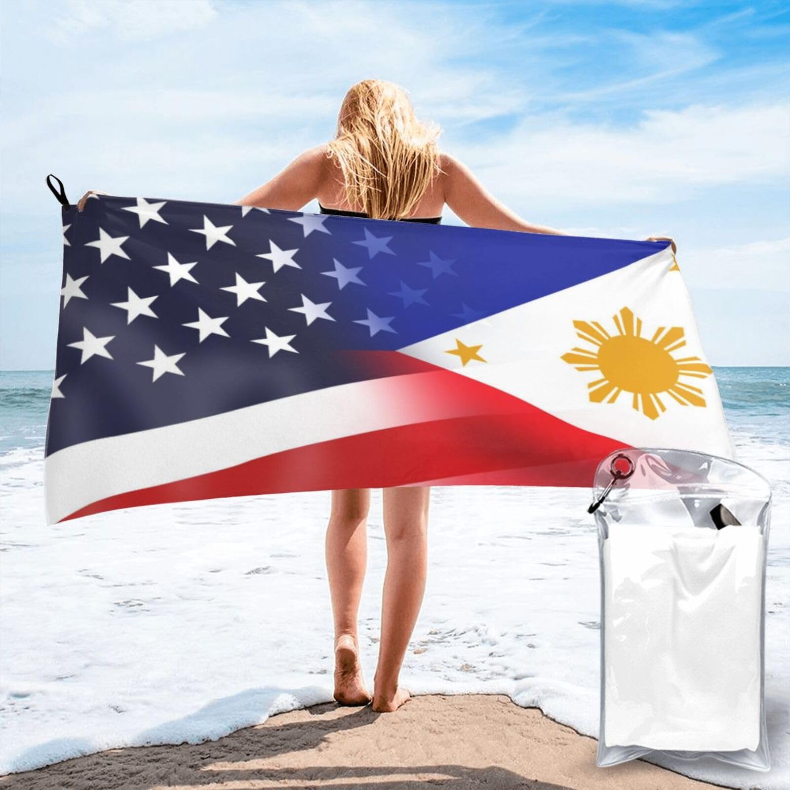 HACXZ Funny America Flag and Philippines Flag Absorbent Beach Towel Microfiber Beach Shower Towel 31.5"X63"