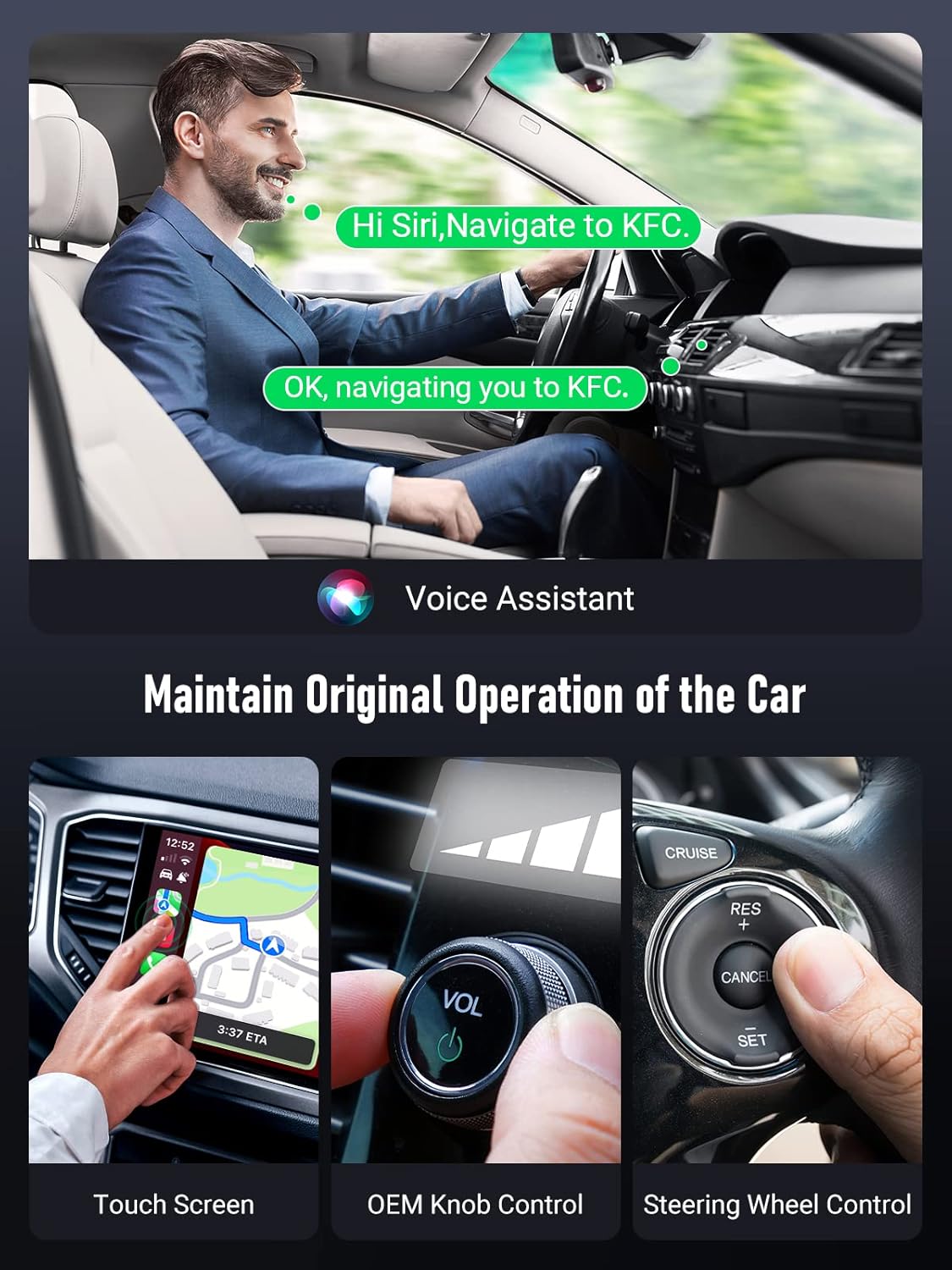 Métodos de control de CarPlay: Asistente de voz, Pantalla táctil, Perilla OEM, Control del volante