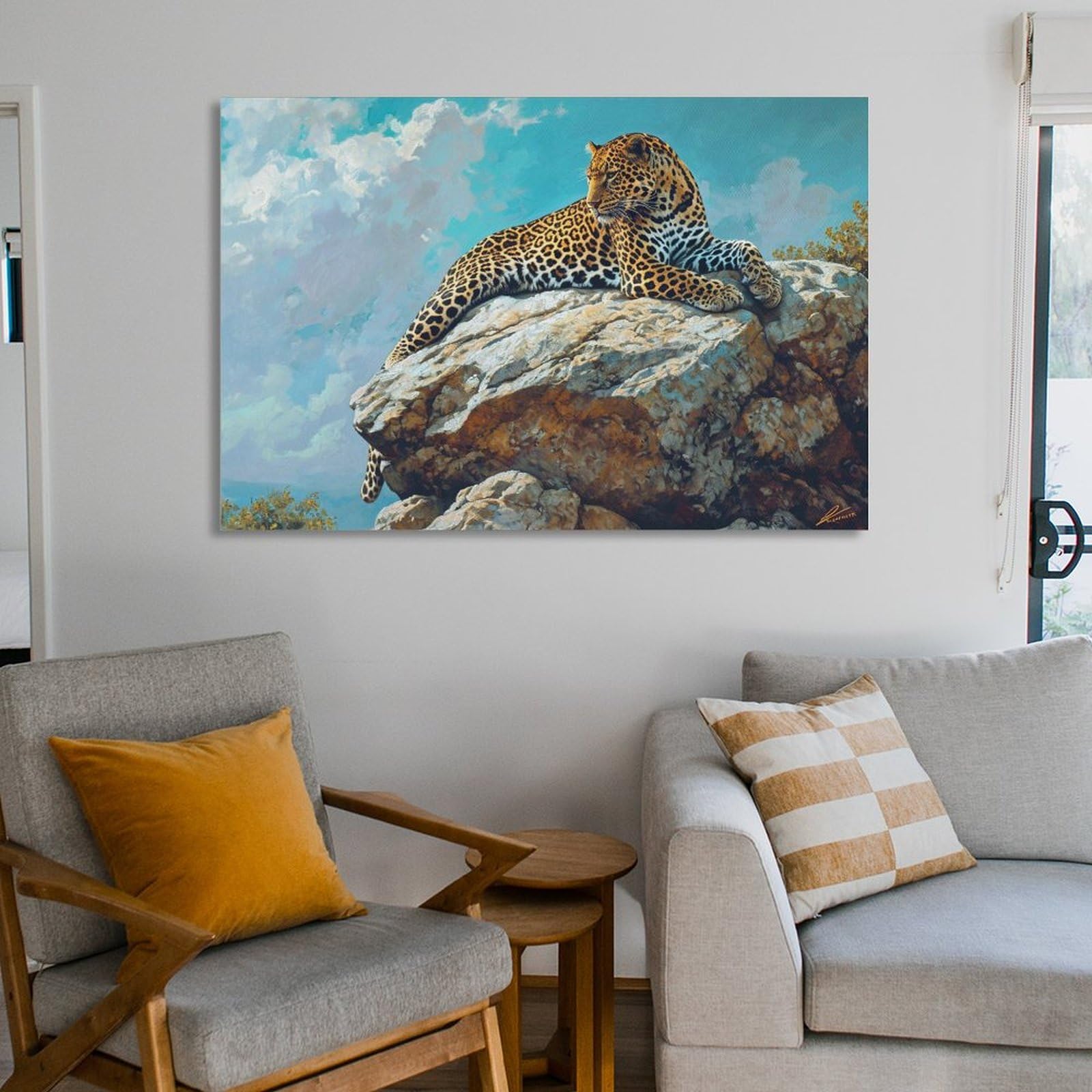 Amazon.co.jp: 絵画 山の岩の上のヒョウインテリア 絵画 動物イラスト