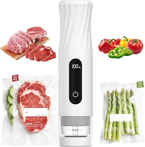 Sellador al vacío compacto para alimentos, máquina selladora al vacío de mano con 30 bolsas reutilizables, sellador al vacío portátil para viajes,