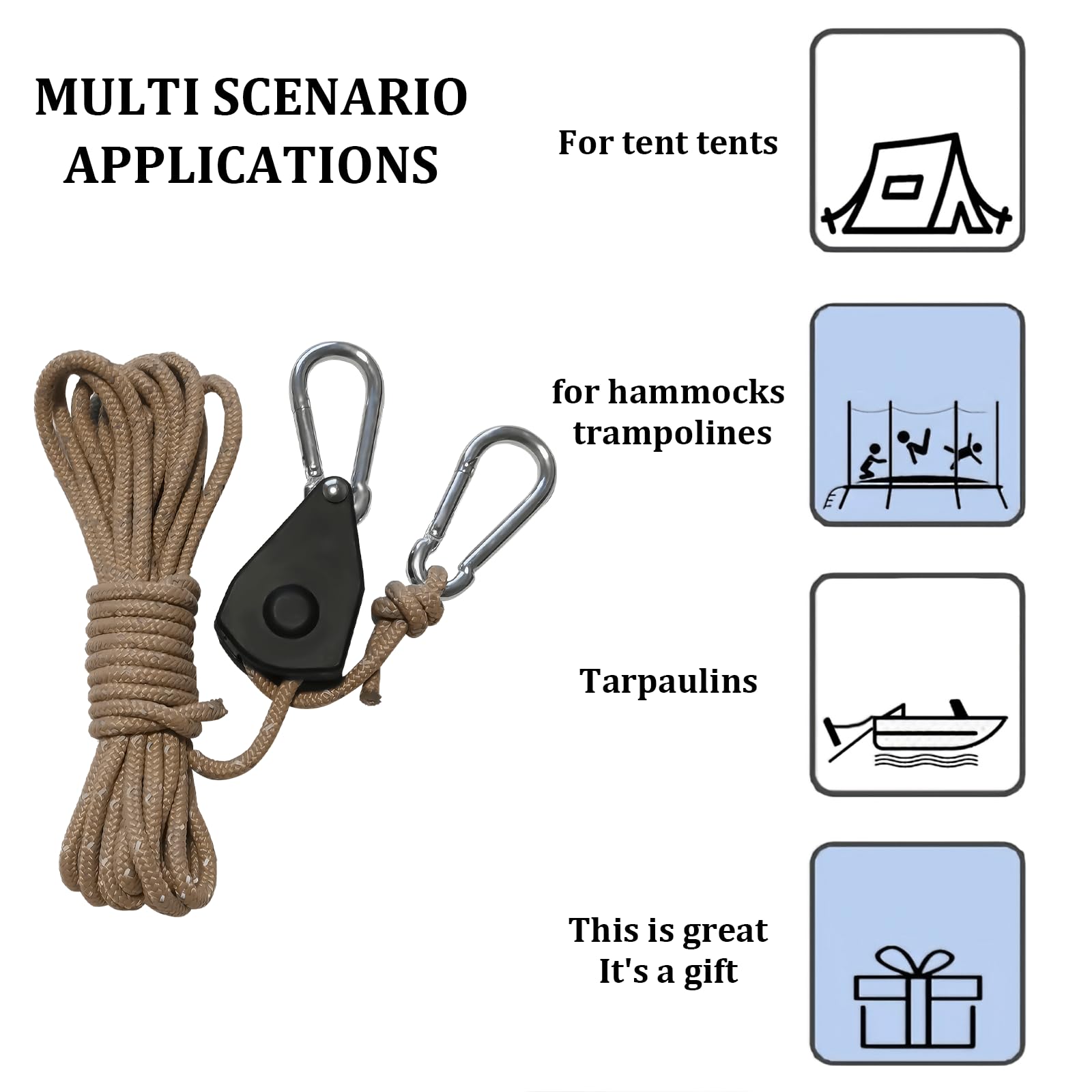 Lot de 4 cintres à cliquet, corde à cliquet de 4 m avec crochet, diamètre de corde 4 mm, corde à cliquet réglable pour lampes de ventilateur de plantes, tentes de plantes dintérieur et pots de fleurs