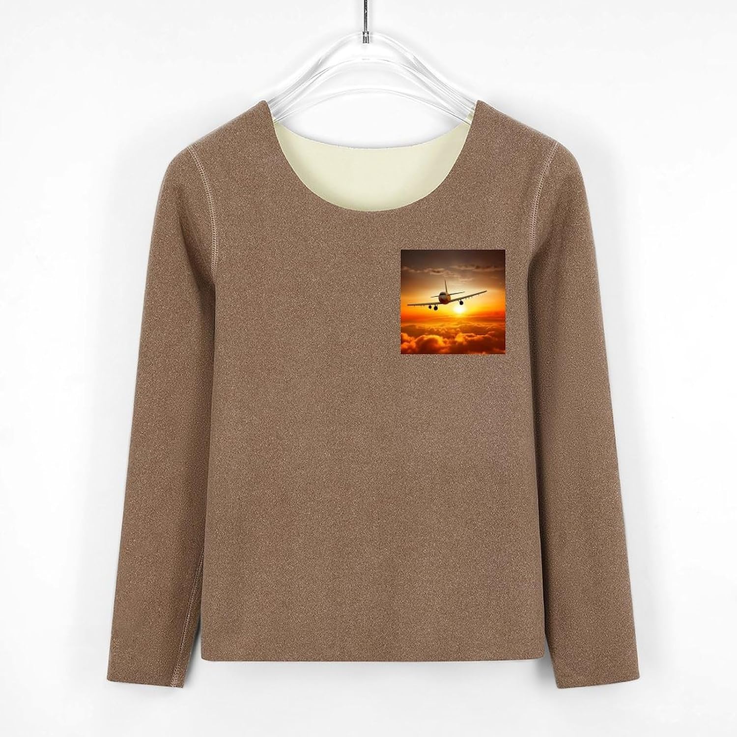 Women's Fleece Lined Thermal Set - Cold Weather Long Johns Ultra-Soft Aircraft Plane at Sunset Printed Base Layer