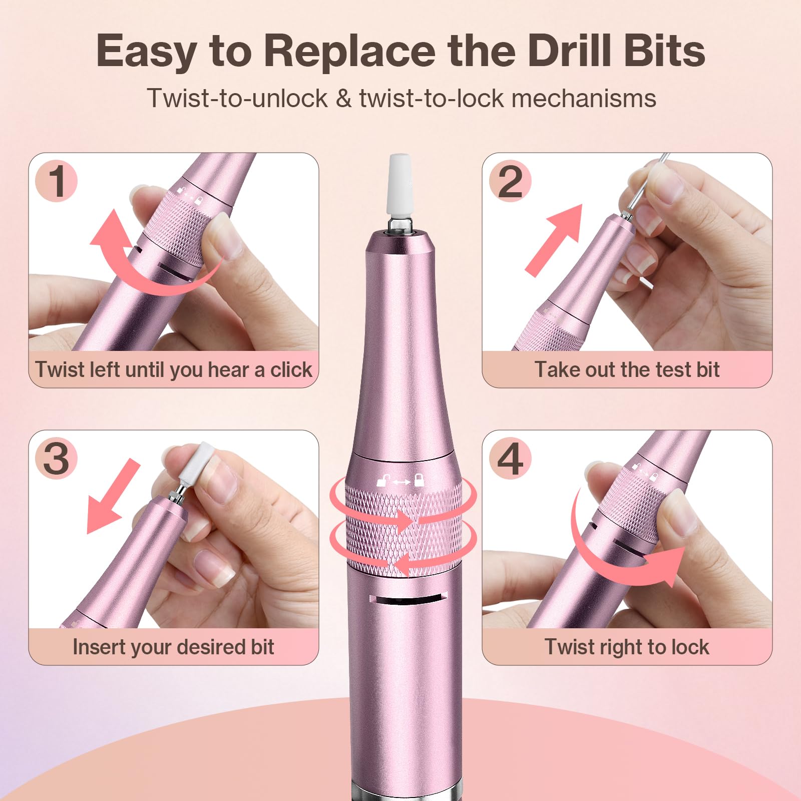 Ponceuse pour Ongles Professionnelle 40000 RPM 36 W, Urbuti 12 en 1 Ponceuse Ongles Portable avec Écran LCD & Support, Lime à Ongle Electrique Silencieux, Kit Manucure Pédicure pour Salon/Maison-Rose