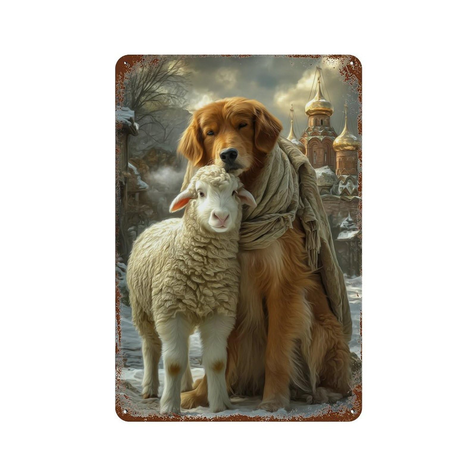 Golden Retriever Sheep Friendship Rustic Tin Plaque 11.8"x7.9", Ideal for Office, Studio And Wall Decor