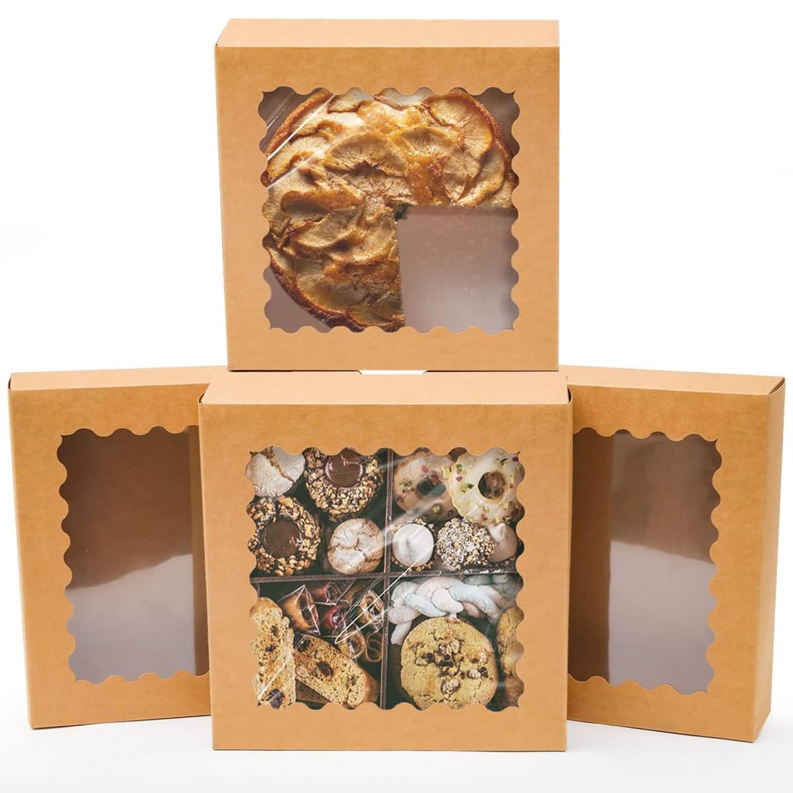 Gcardist Auto-pop Up Brown 20.3x20.3x6.4cm 12Pcs Cookie Box with Window Pastry Macaron Bakery Box For Packaging (8x8x2.5 inch)