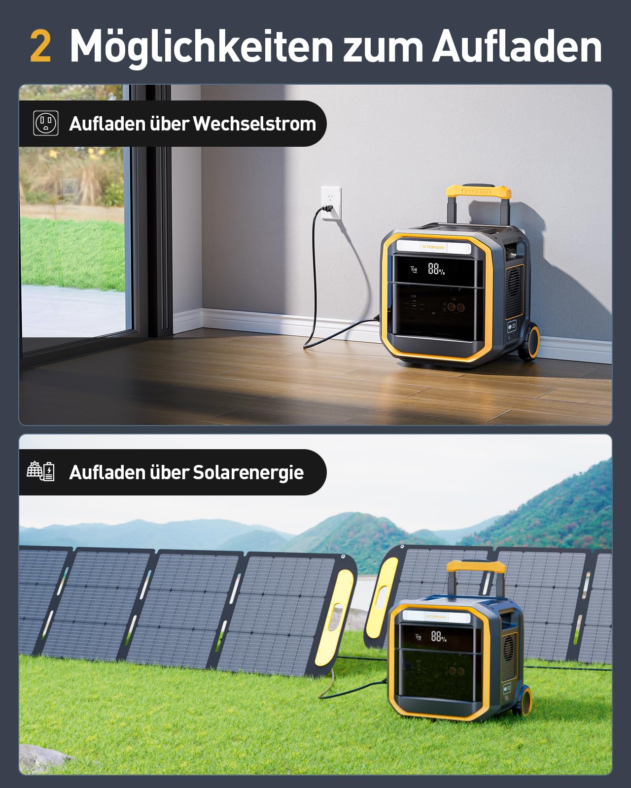 VTOMAN FlashSpeed Pro 3600 Tragbare Powerstation mit 2*200W Pro Solarpanel | 3600W Solargenerator, 3096Wh LiFePO₄-Akku, Erweiterbar bis 6192Wh, Schnellladung in 2 Stunden für Camping, Notfall, Reise