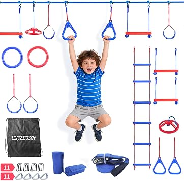 50FT Slackline Kit with 10 Accessories Ninja Warrior Obstacle Course for Kids Backyard,Rope Ladder, Gymnastic Ring, Arm Trainer and Monkey Fist