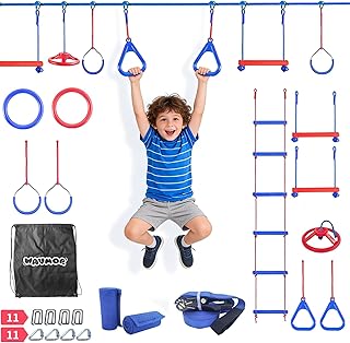 Ninja Warrior Obstacle Course for Kids-Playground Fitness Equipment Ninja Slackline with Multiple Accessories for Kids,Contain Rope ladders,Rings,Ninja Couse for Kids Outside (1x50ft)