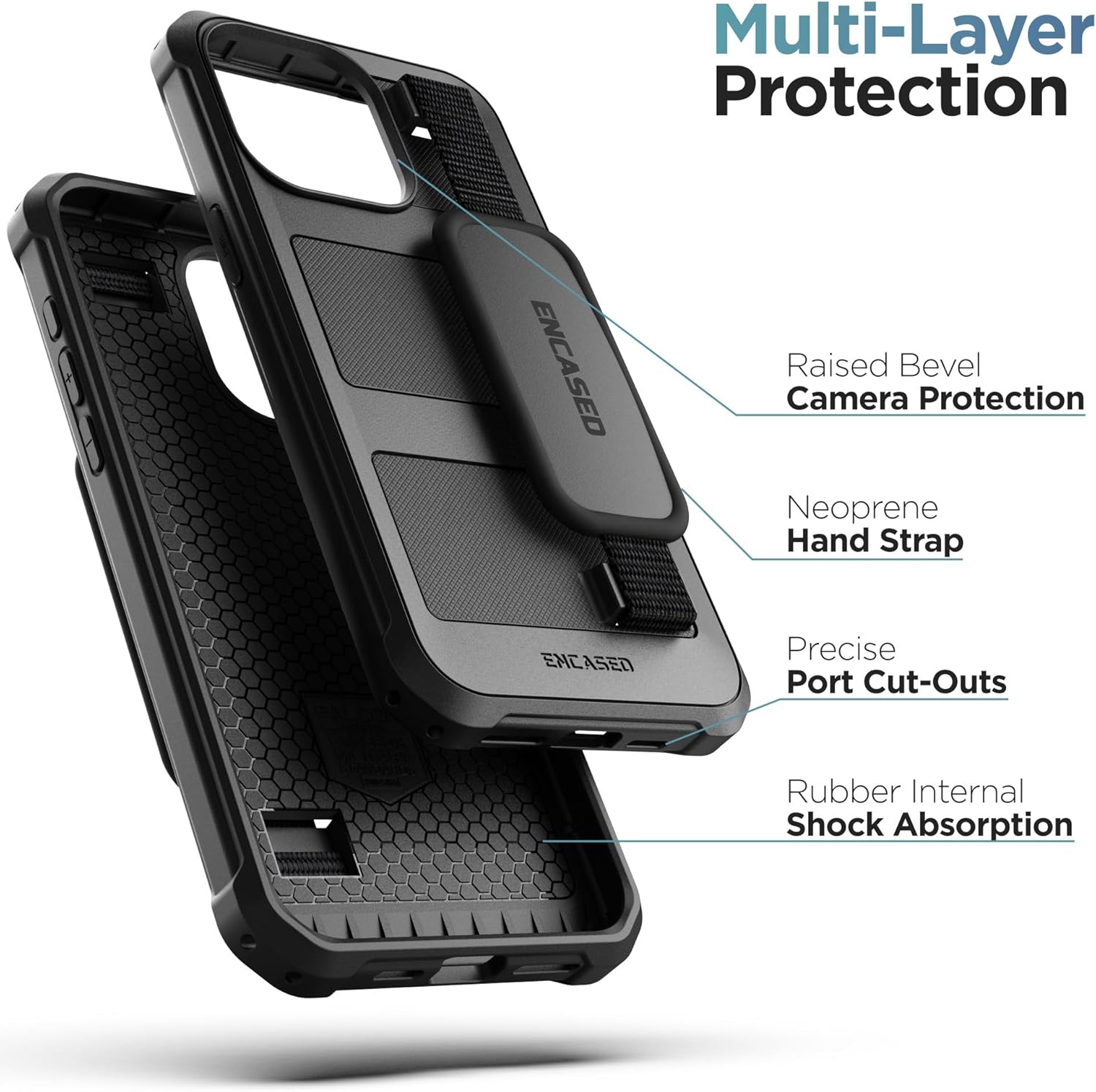Encased Rugged Hand Strap Case Designed for iPhone 15 Pro Max Case with Belt Clip Phone Holster, Heavy Duty Military-Grade Protection [Falcon Armor]