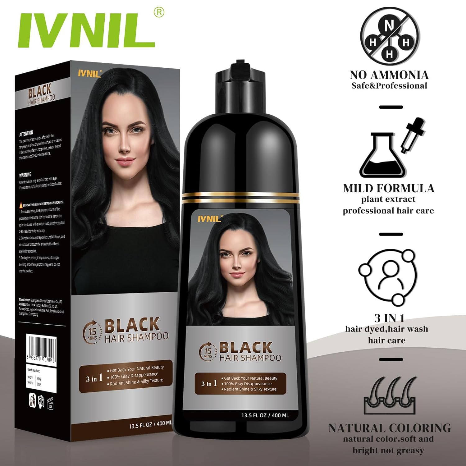 Ivnil Black Hair Dye Shampoo 3 in 1 Color Shampoo Para canas, Herbal Color Shampo tinte para el cabello 100% Gray Hair Coverage and Beard for Women and Men Instant Result