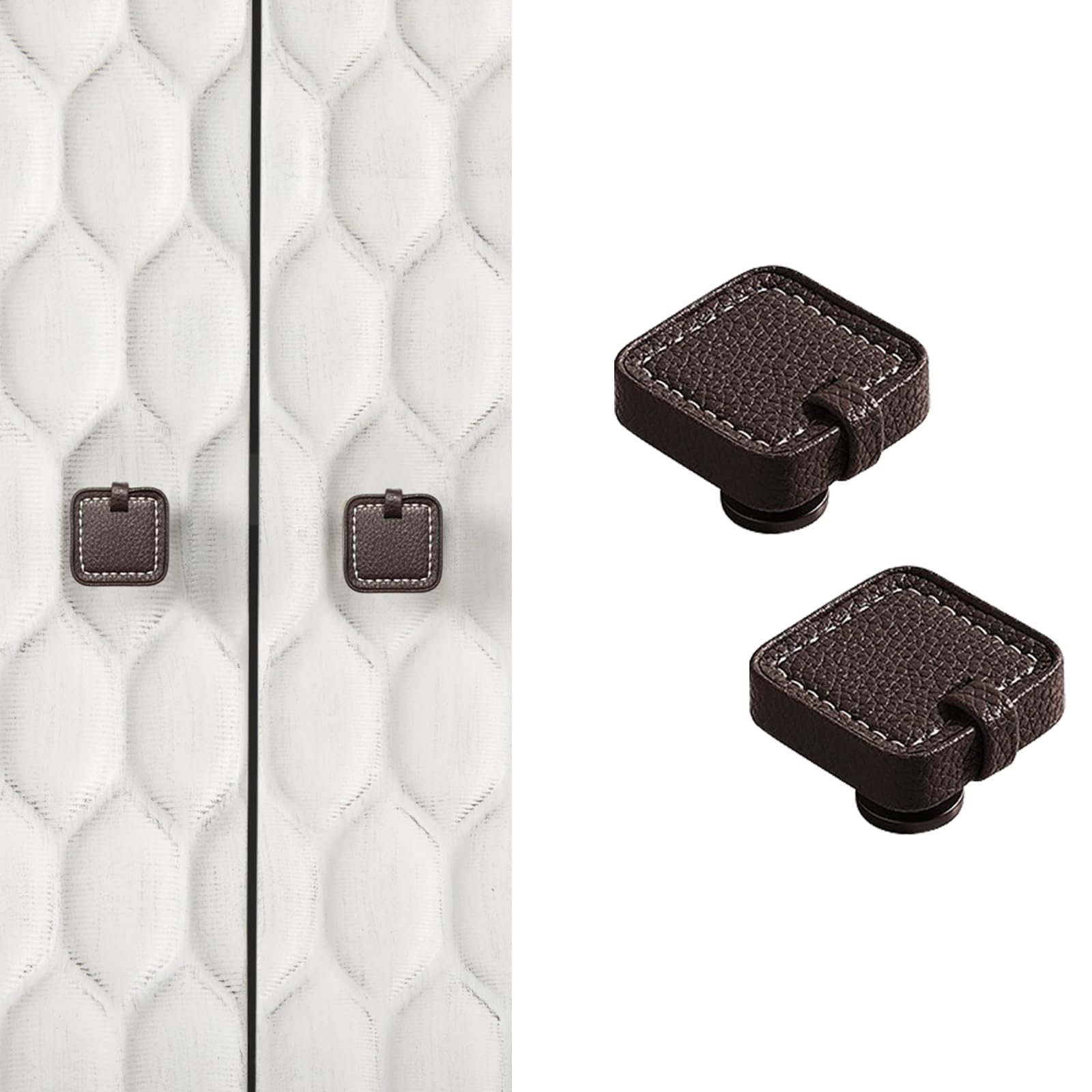Poignées de commode carrées en cuir marron et boutons de tiroir cousus main